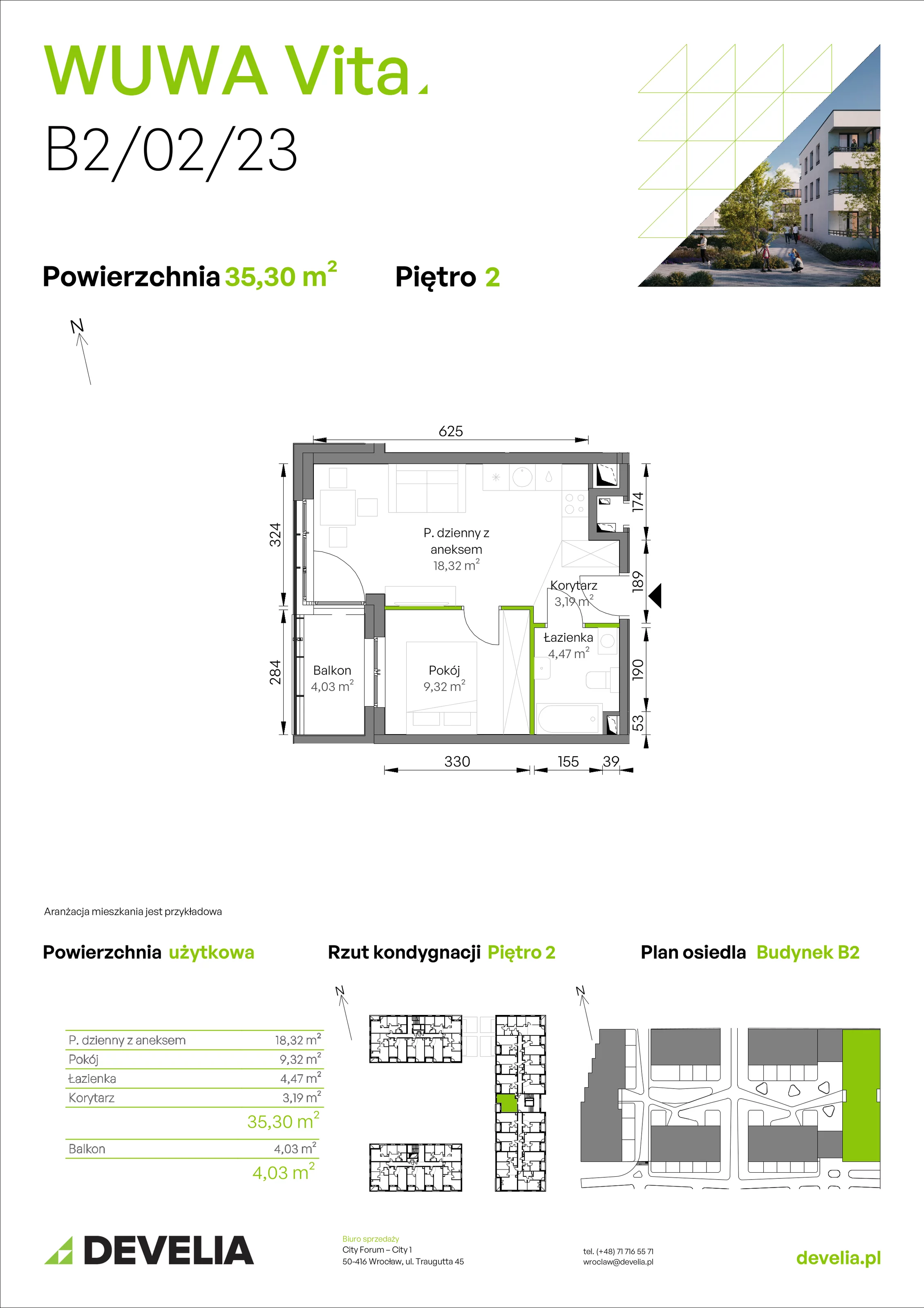 2 pokoje, mieszkanie 35,30 m², piętro 2, oferta nr B2/02/23, WUWA Vita II, Wrocław, Żerniki, Fabryczna, ul. T. Brzozy