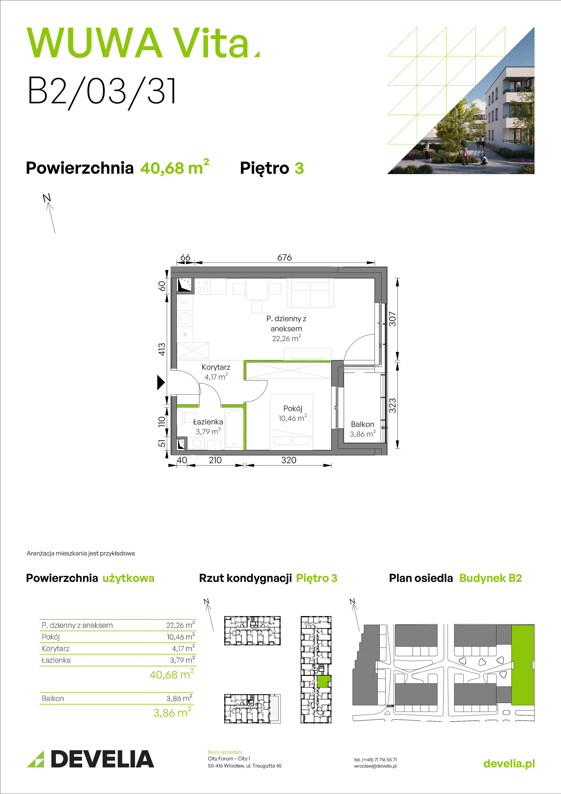 2 pokoje, mieszkanie 40,68 m², piętro 3, oferta nr B2/03/31, WUWA Vita II, Wrocław, Żerniki, Fabryczna, ul. T. Brzozy