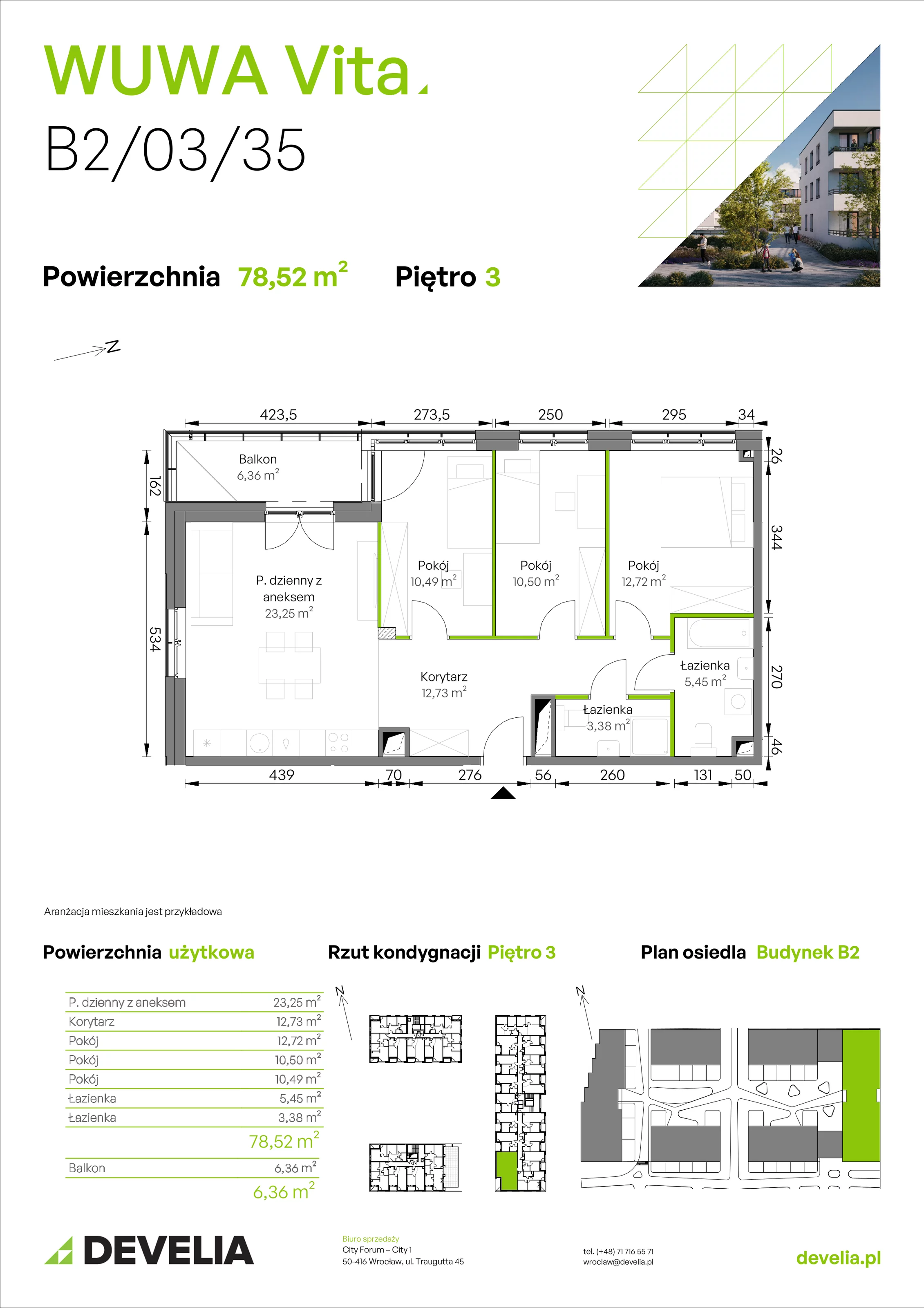 4 pokoje, mieszkanie 78,52 m², piętro 3, oferta nr B2/03/35, WUWA Vita II, Wrocław, Żerniki, Fabryczna, ul. T. Brzozy