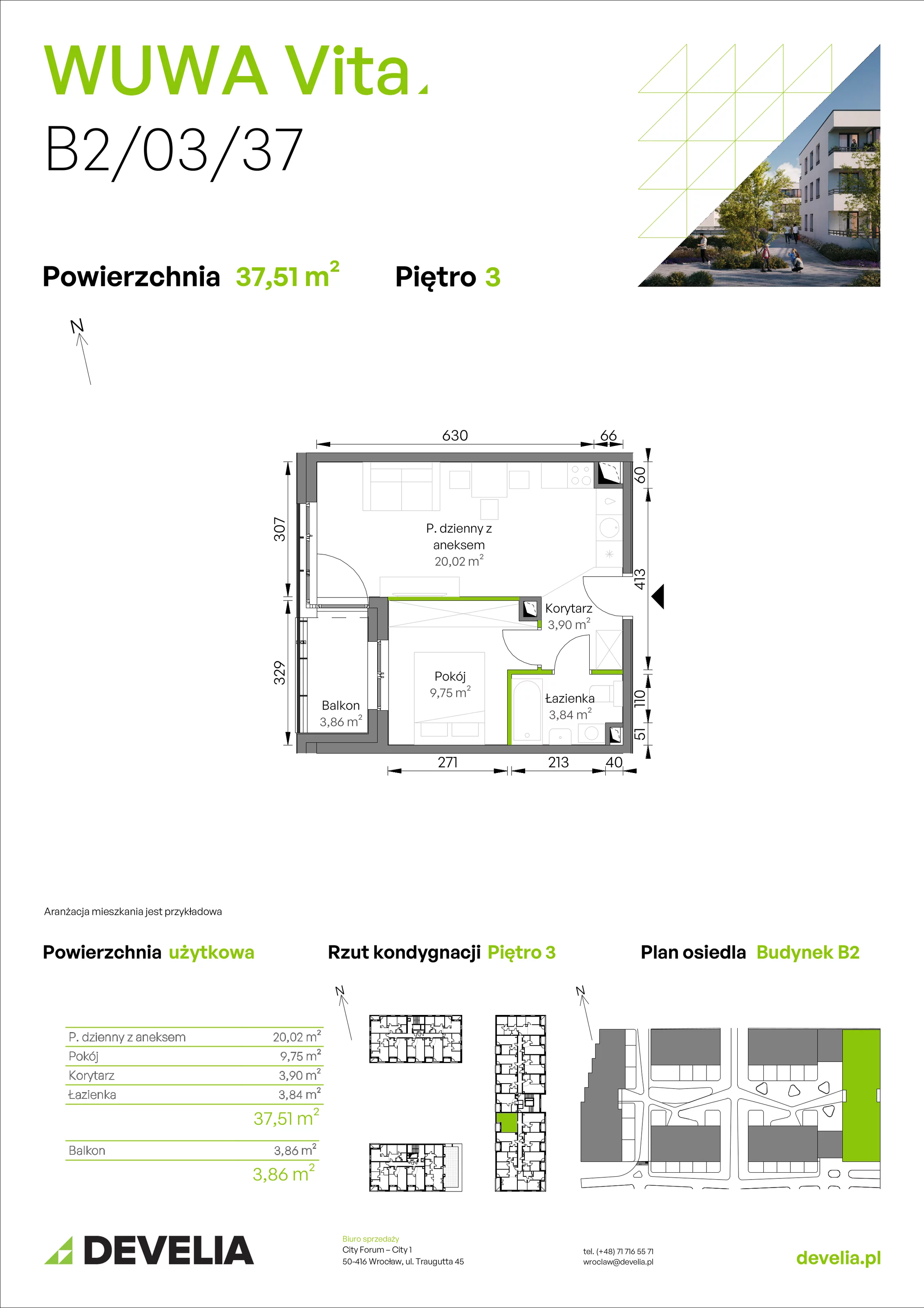 2 pokoje, mieszkanie 37,51 m², piętro 3, oferta nr B2/03/37, WUWA Vita II, Wrocław, Żerniki, Fabryczna, ul. T. Brzozy
