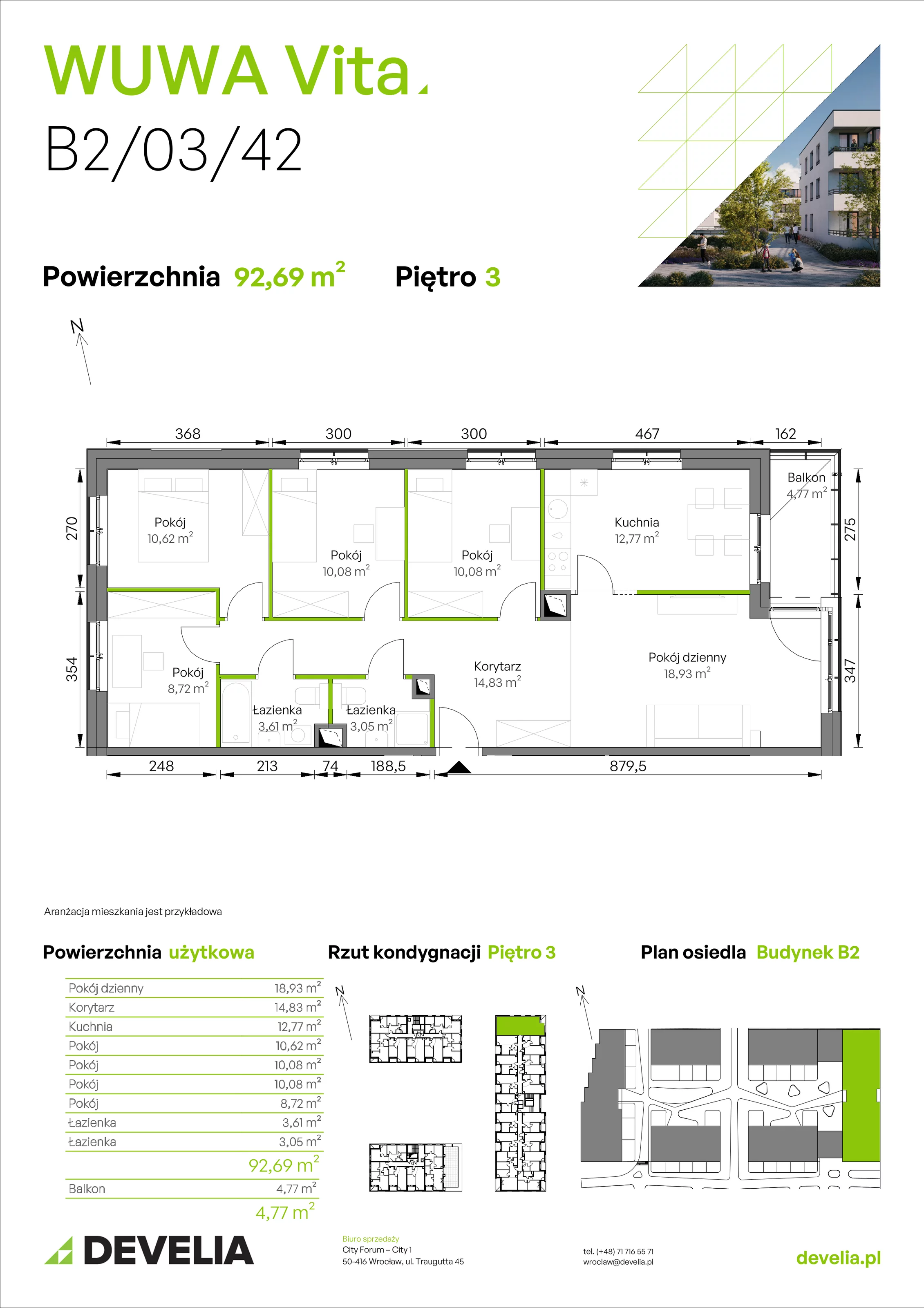 5 pokoi, mieszkanie 92,69 m², piętro 3, oferta nr B2/03/42, WUWA Vita II, Wrocław, Żerniki, Fabryczna, ul. T. Brzozy
