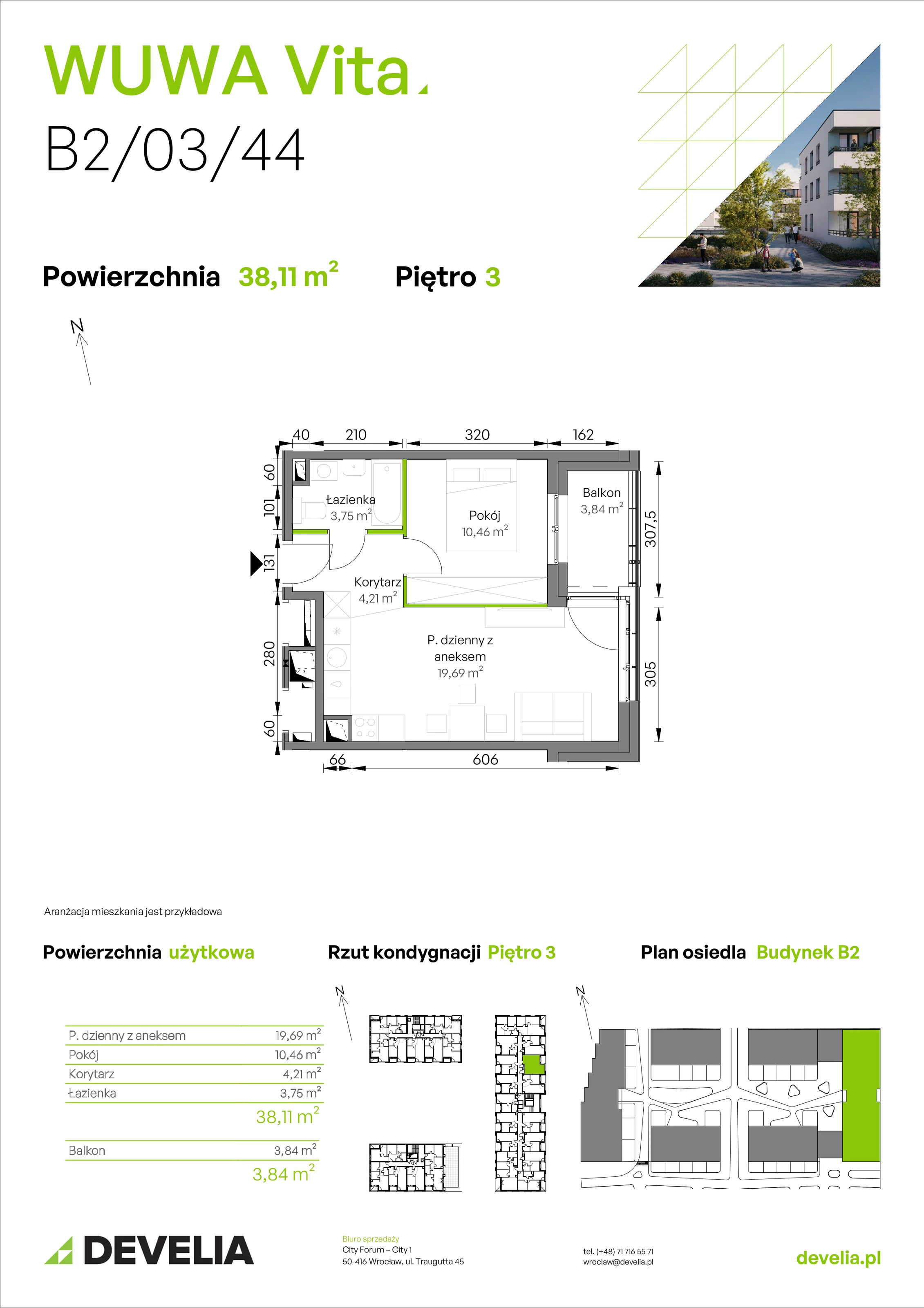 2 pokoje, mieszkanie 38,11 m², piętro 3, oferta nr B2/03/44, WUWA Vita II, Wrocław, Żerniki, Fabryczna, ul. T. Brzozy