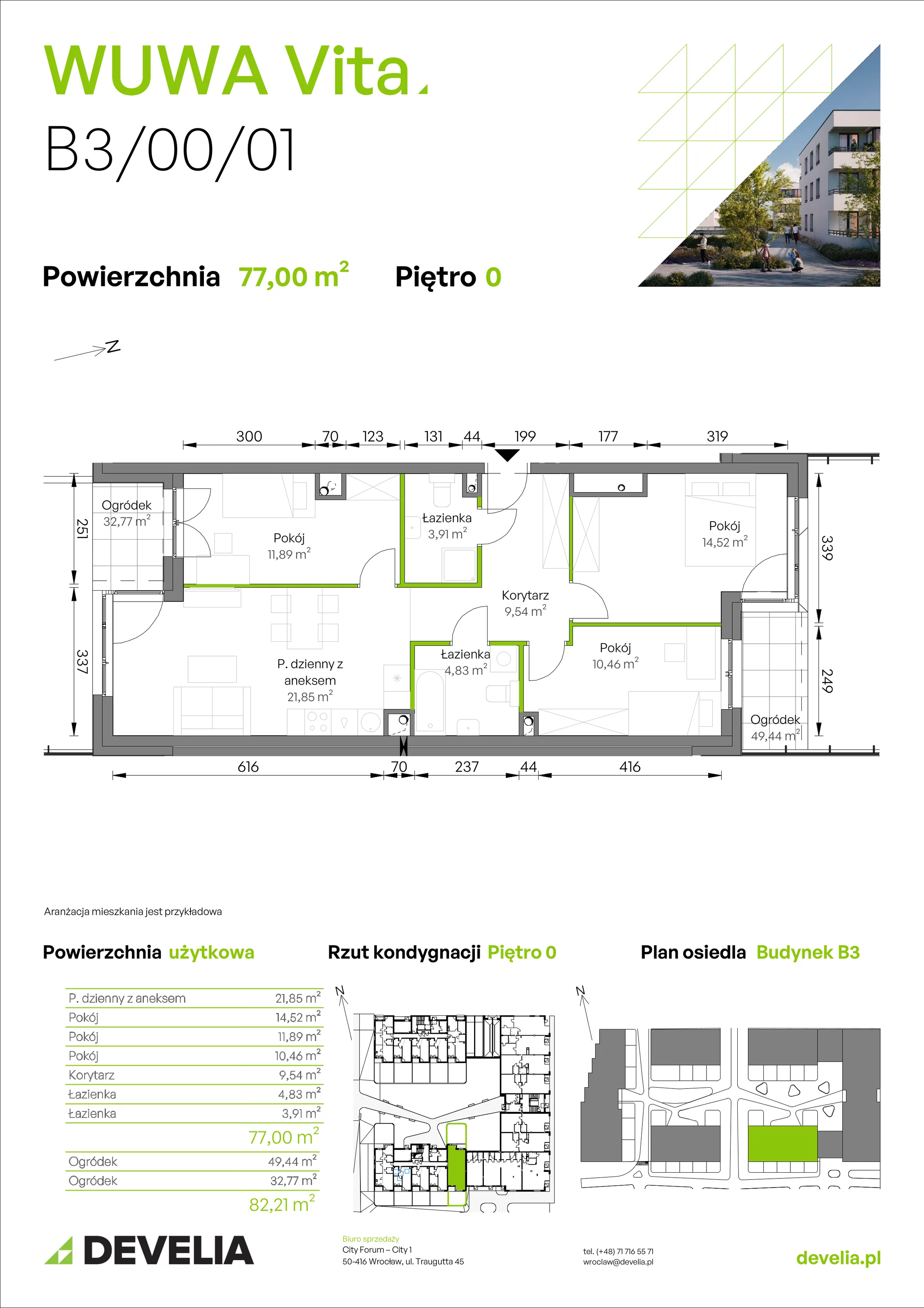 4 pokoje, mieszkanie 77,00 m², parter, oferta nr B3/00/01, WUWA Vita II, Wrocław, Żerniki, Fabryczna, ul. T. Brzozy