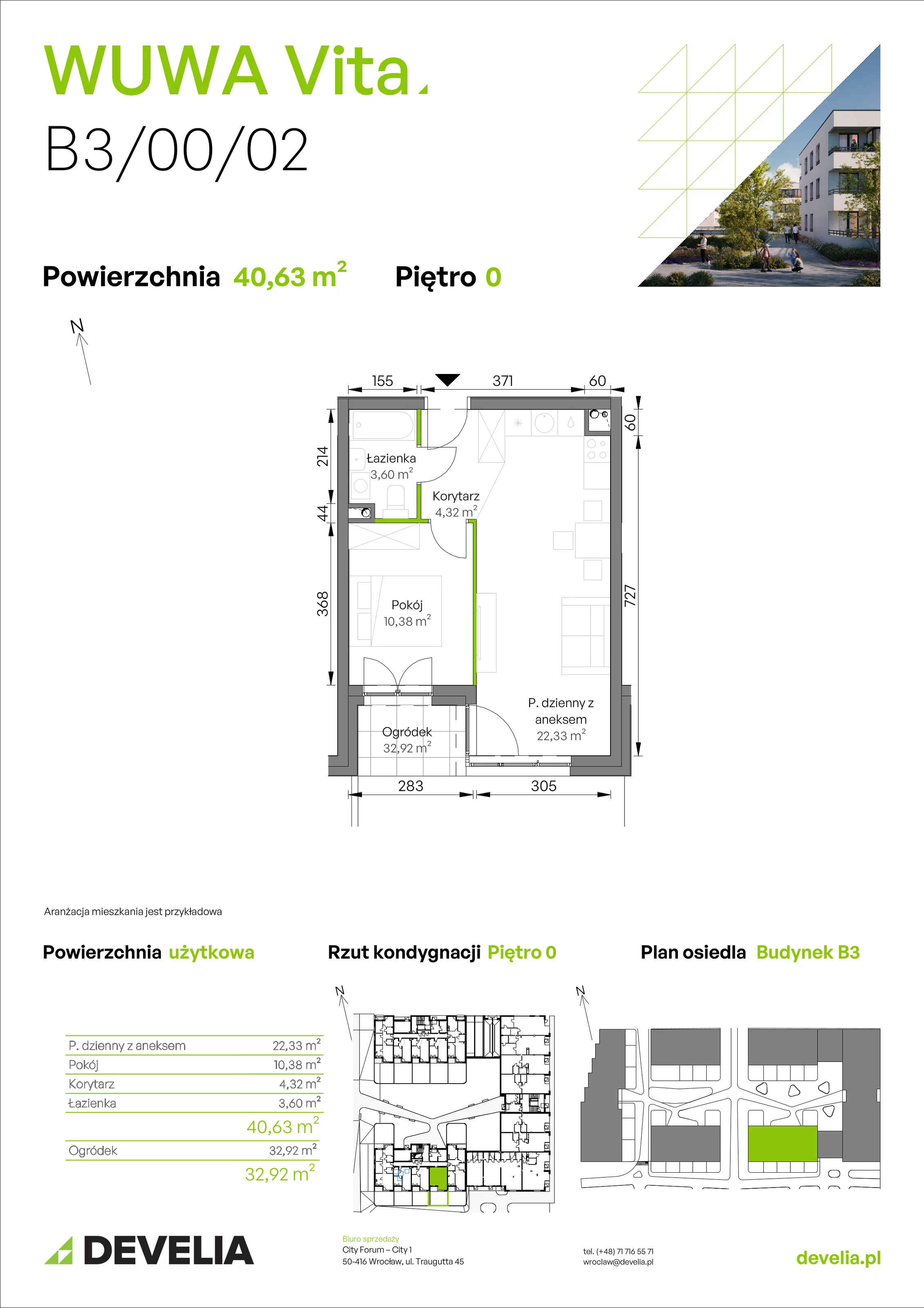 2 pokoje, mieszkanie 40,63 m², parter, oferta nr B3/00/02, WUWA Vita II, Wrocław, Żerniki, Fabryczna, ul. T. Brzozy