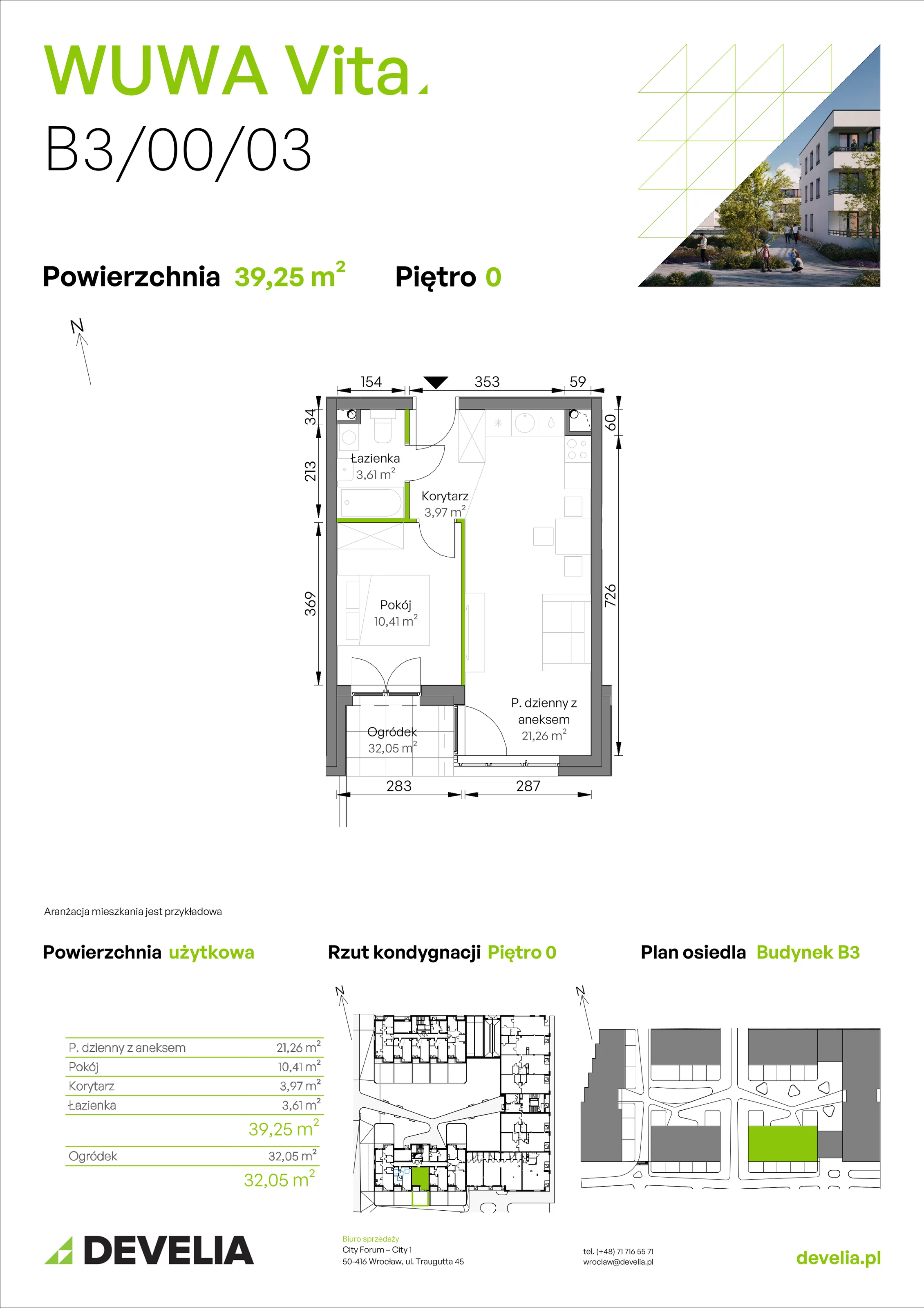 2 pokoje, mieszkanie 39,25 m², parter, oferta nr B3/00/03, WUWA Vita II, Wrocław, Żerniki, Fabryczna, ul. T. Brzozy