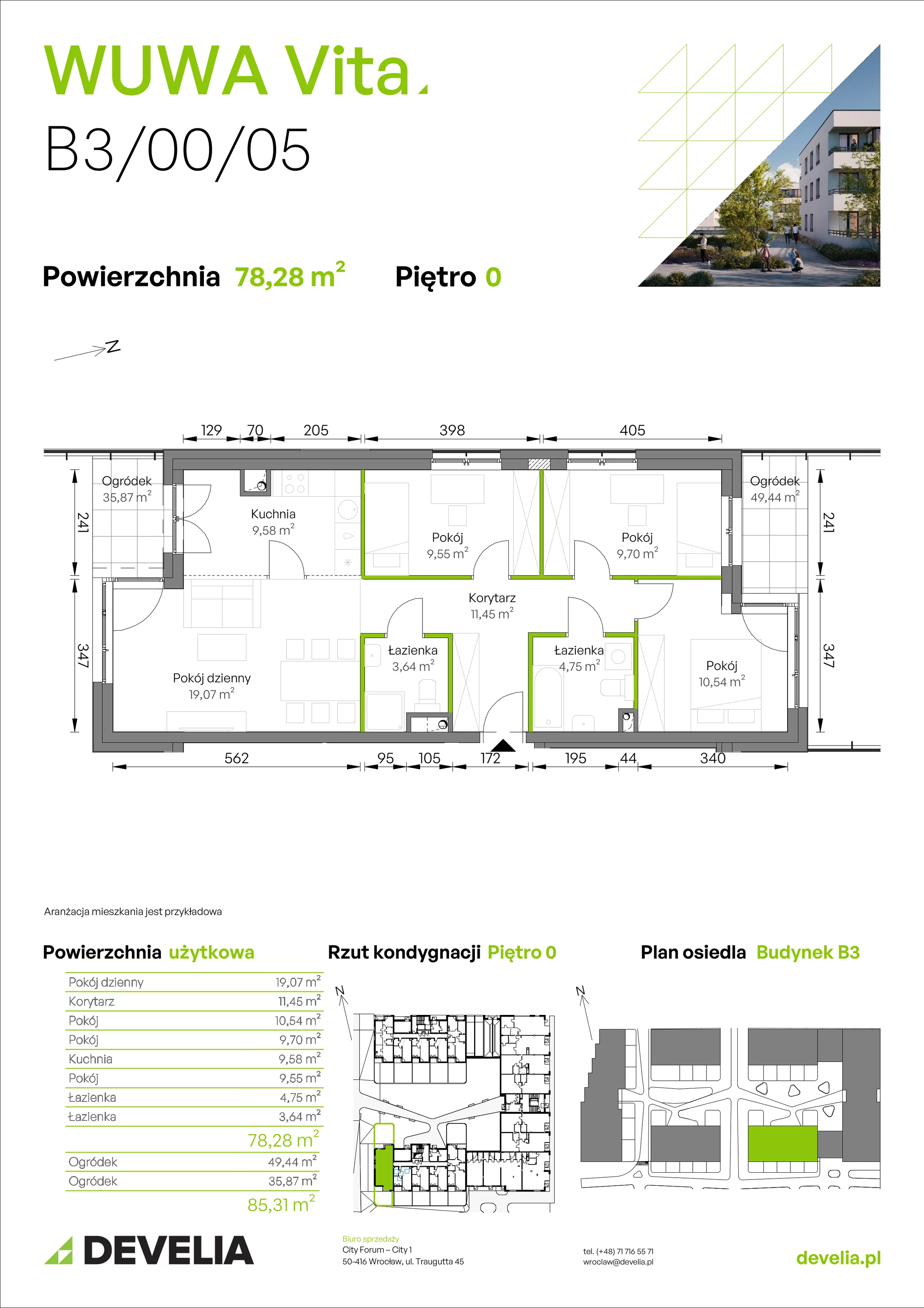 4 pokoje, mieszkanie 78,28 m², parter, oferta nr B3/00/05, WUWA Vita II, Wrocław, Żerniki, Fabryczna, ul. T. Brzozy