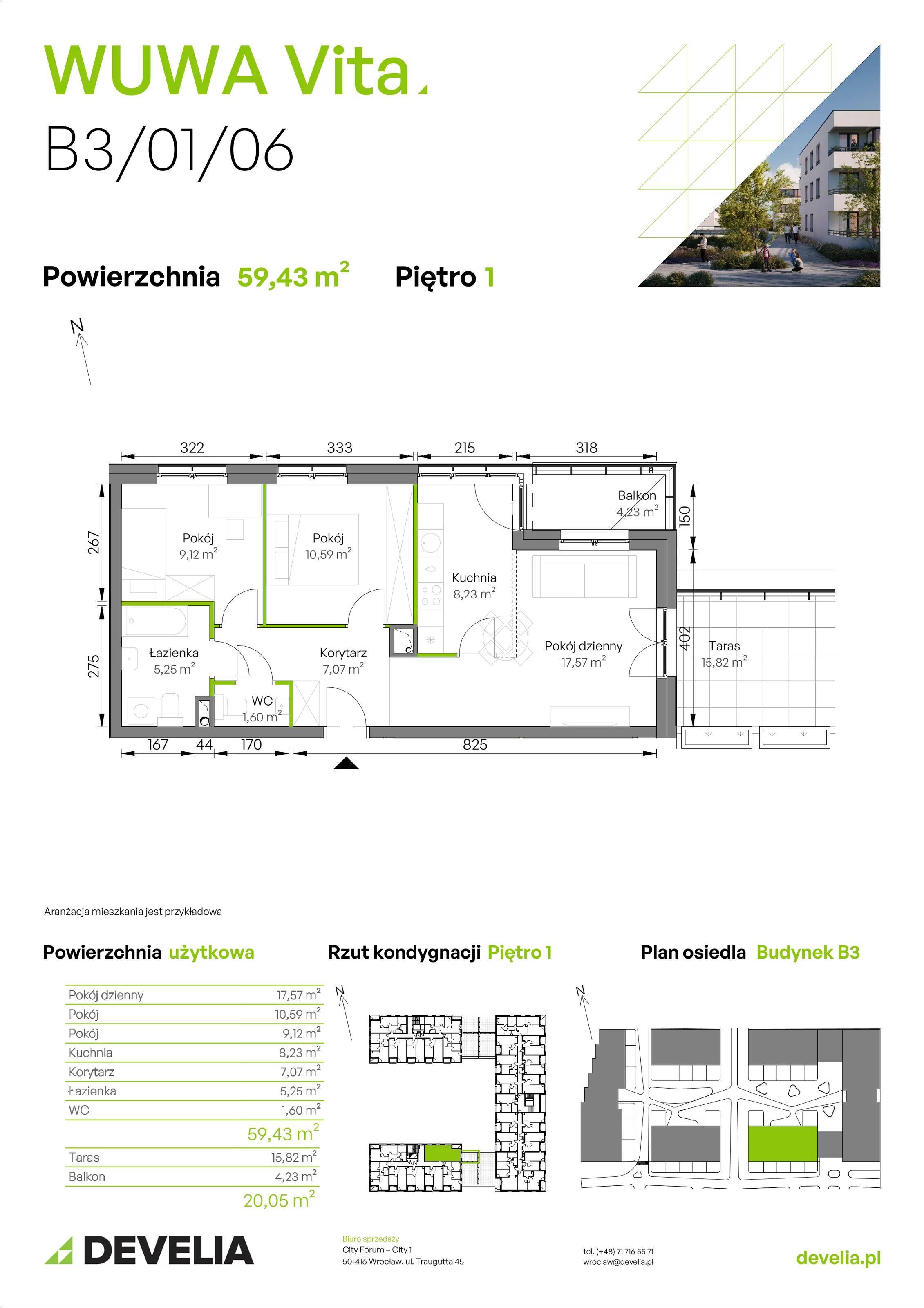 3 pokoje, mieszkanie 59,43 m², piętro 1, oferta nr B3/01/06, WUWA Vita II, Wrocław, Żerniki, Fabryczna, ul. T. Brzozy