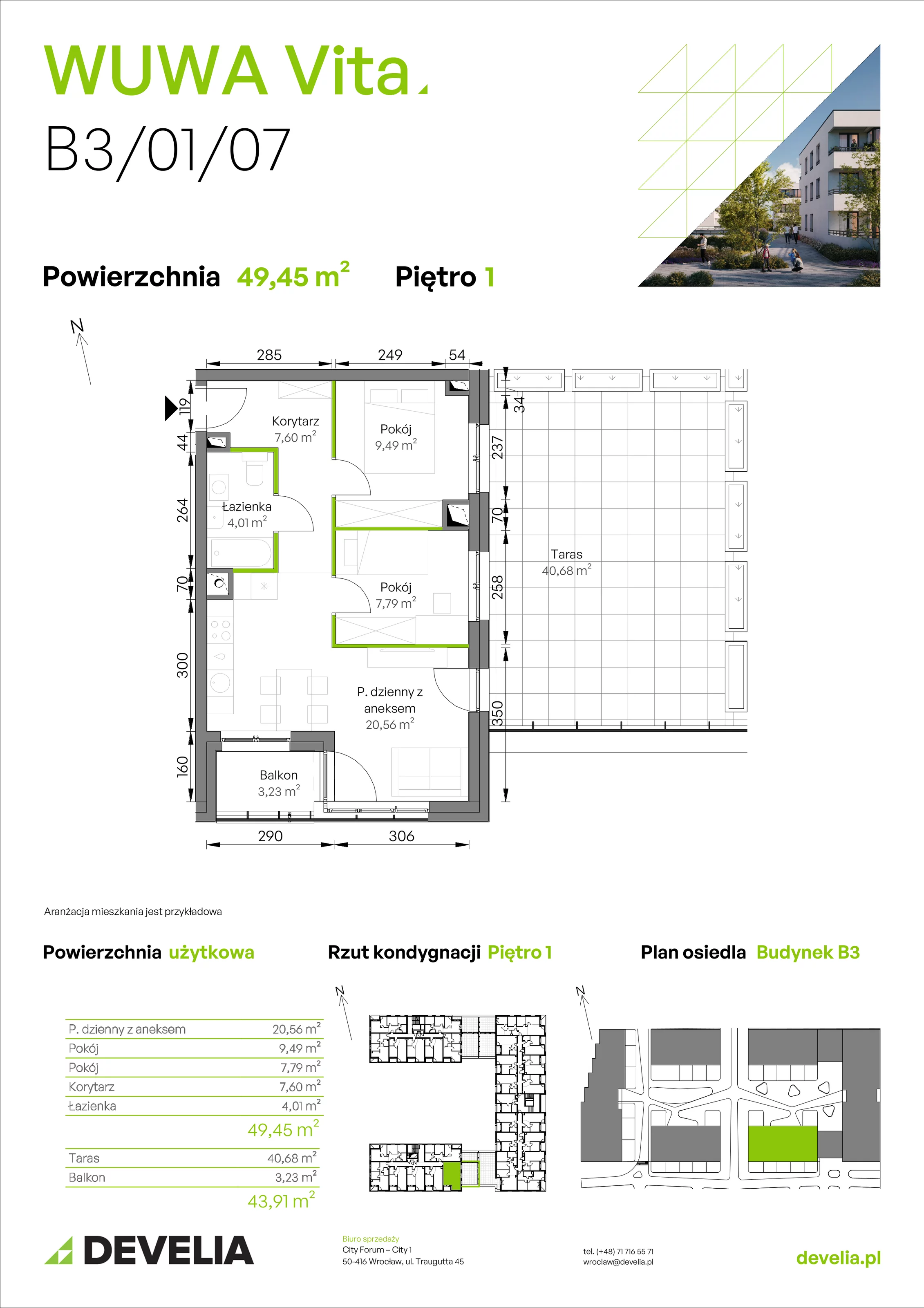 3 pokoje, mieszkanie 49,45 m², piętro 1, oferta nr B3/01/07, WUWA Vita II, Wrocław, Żerniki, Fabryczna, ul. T. Brzozy