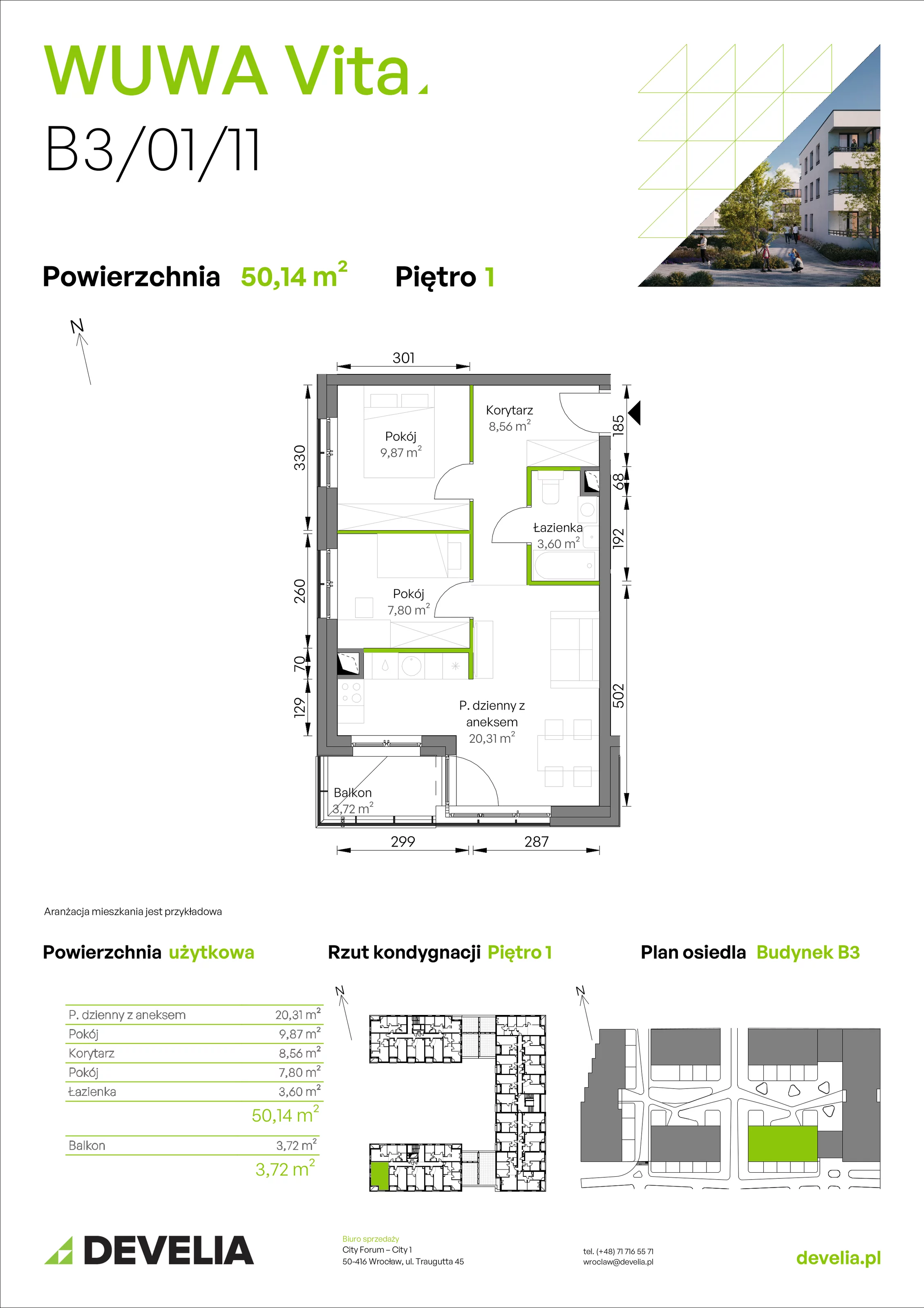3 pokoje, mieszkanie 50,14 m², piętro 1, oferta nr B3/01/11, WUWA Vita II, Wrocław, Żerniki, Fabryczna, ul. T. Brzozy