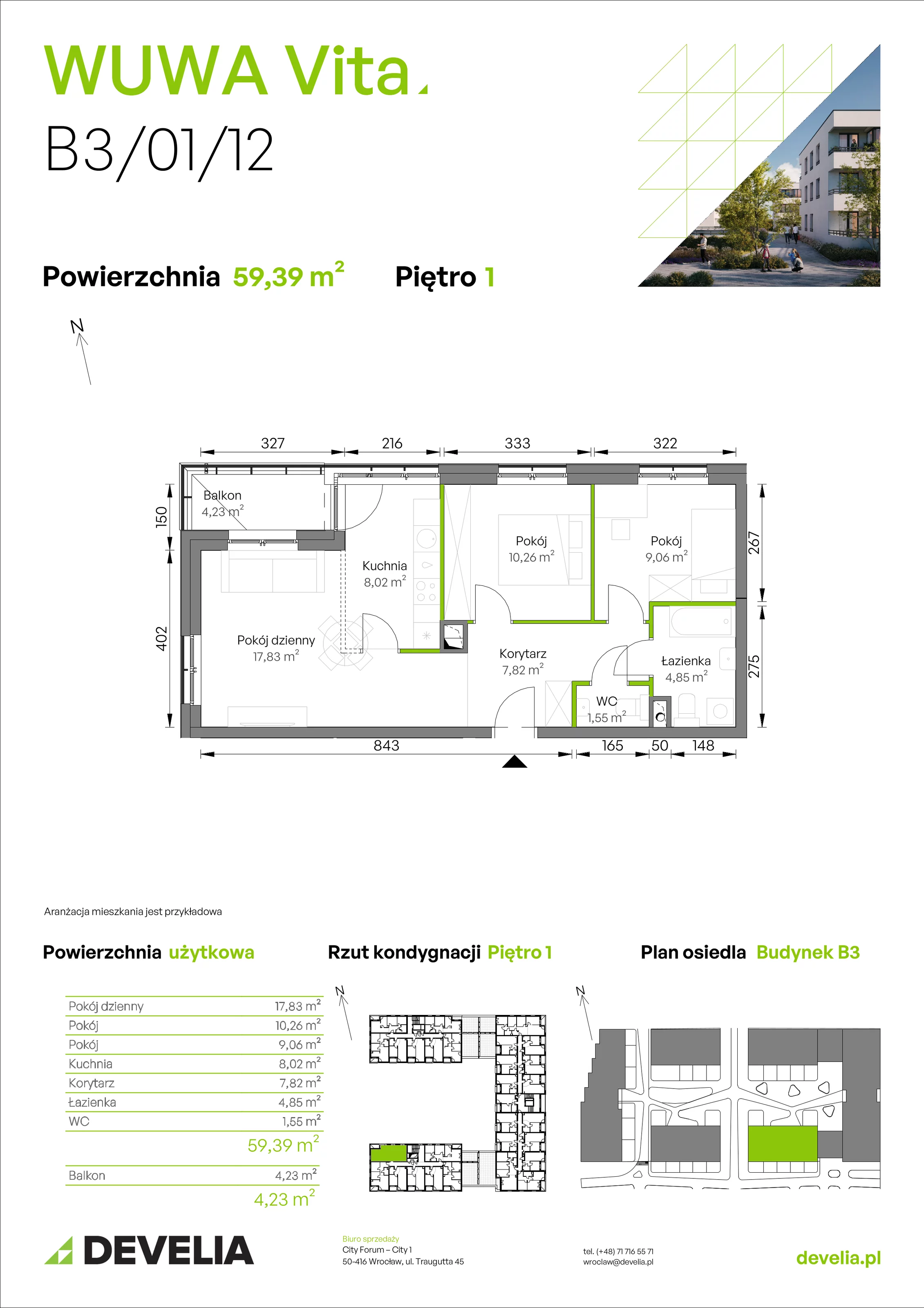 3 pokoje, mieszkanie 59,39 m², piętro 1, oferta nr B3/01/12, WUWA Vita II, Wrocław, Żerniki, Fabryczna, ul. T. Brzozy