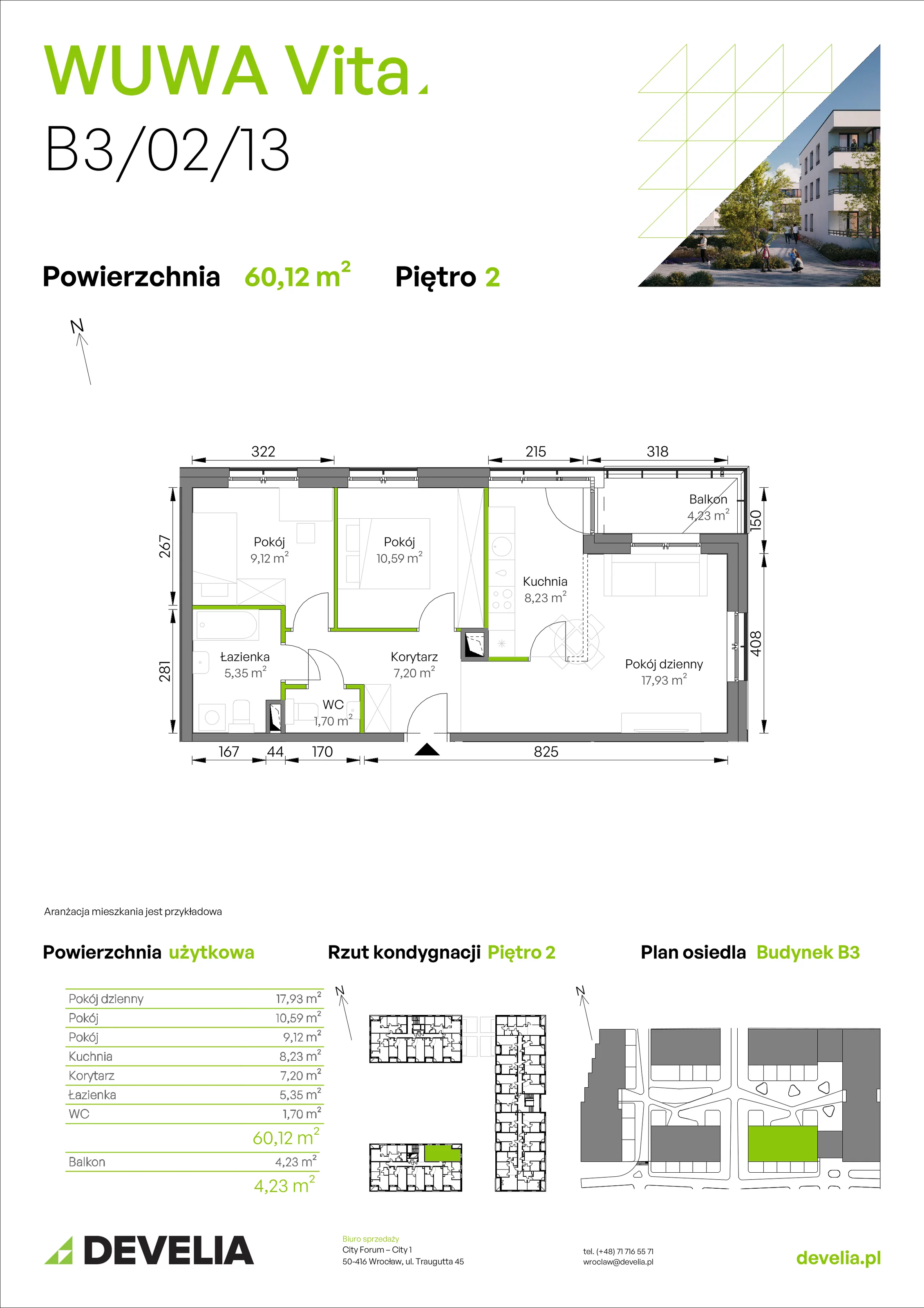 3 pokoje, mieszkanie 60,12 m², piętro 2, oferta nr B3/02/13, WUWA Vita II, Wrocław, Żerniki, Fabryczna, ul. T. Brzozy