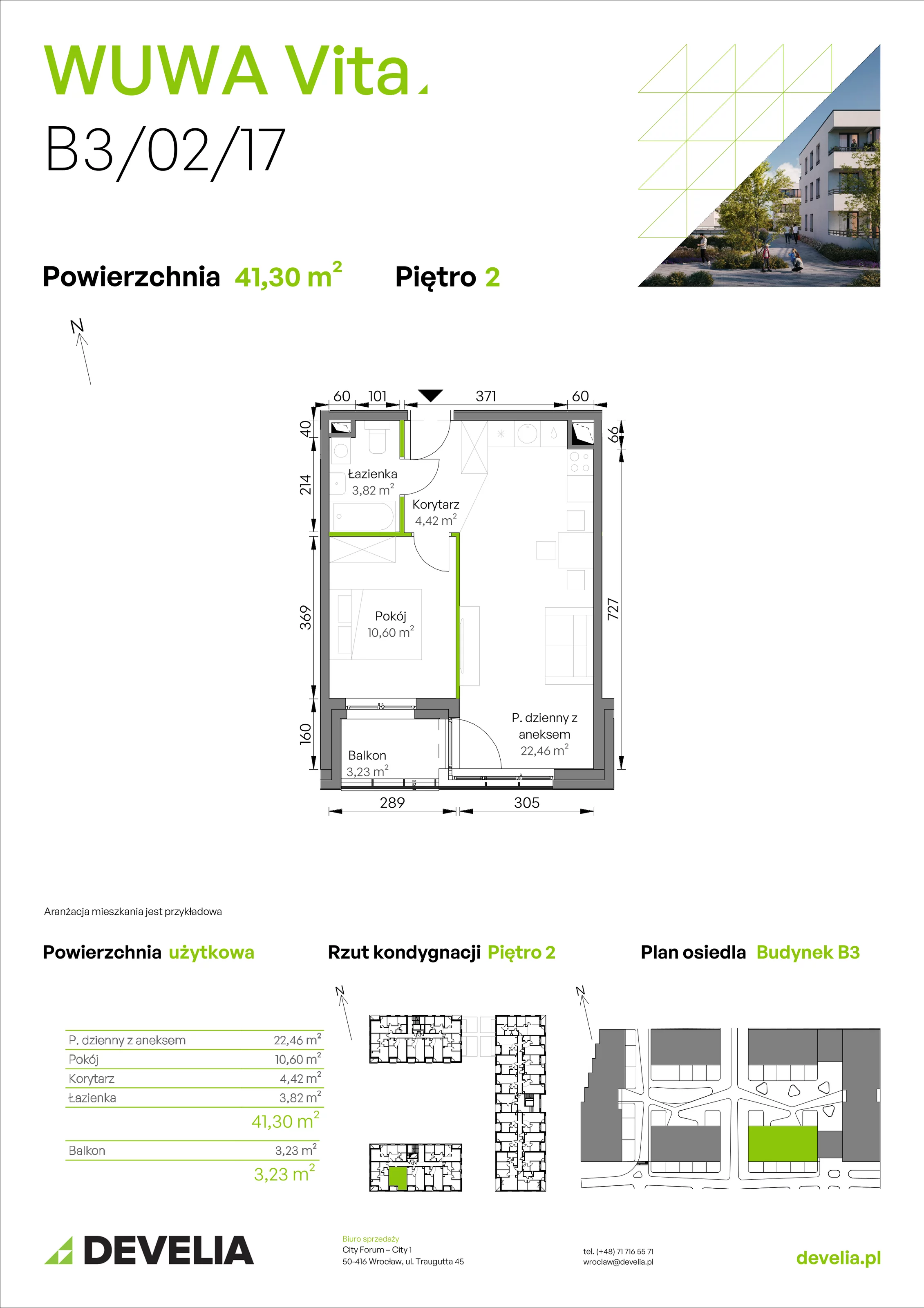 2 pokoje, mieszkanie 41,30 m², piętro 2, oferta nr B3/02/17, WUWA Vita II, Wrocław, Żerniki, Fabryczna, ul. T. Brzozy