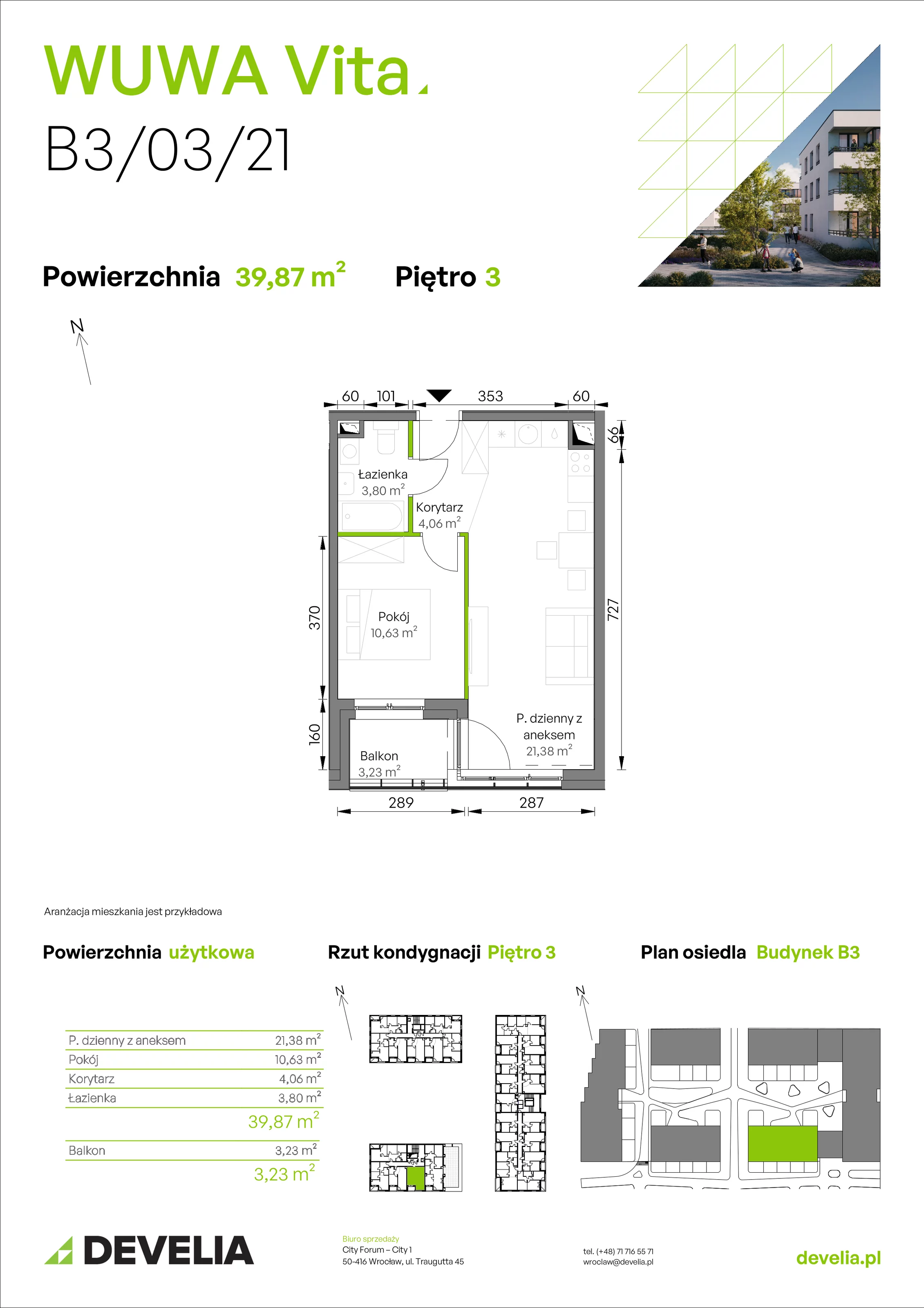 2 pokoje, mieszkanie 39,87 m², piętro 3, oferta nr B3/03/21, WUWA Vita II, Wrocław, Żerniki, Fabryczna, ul. T. Brzozy