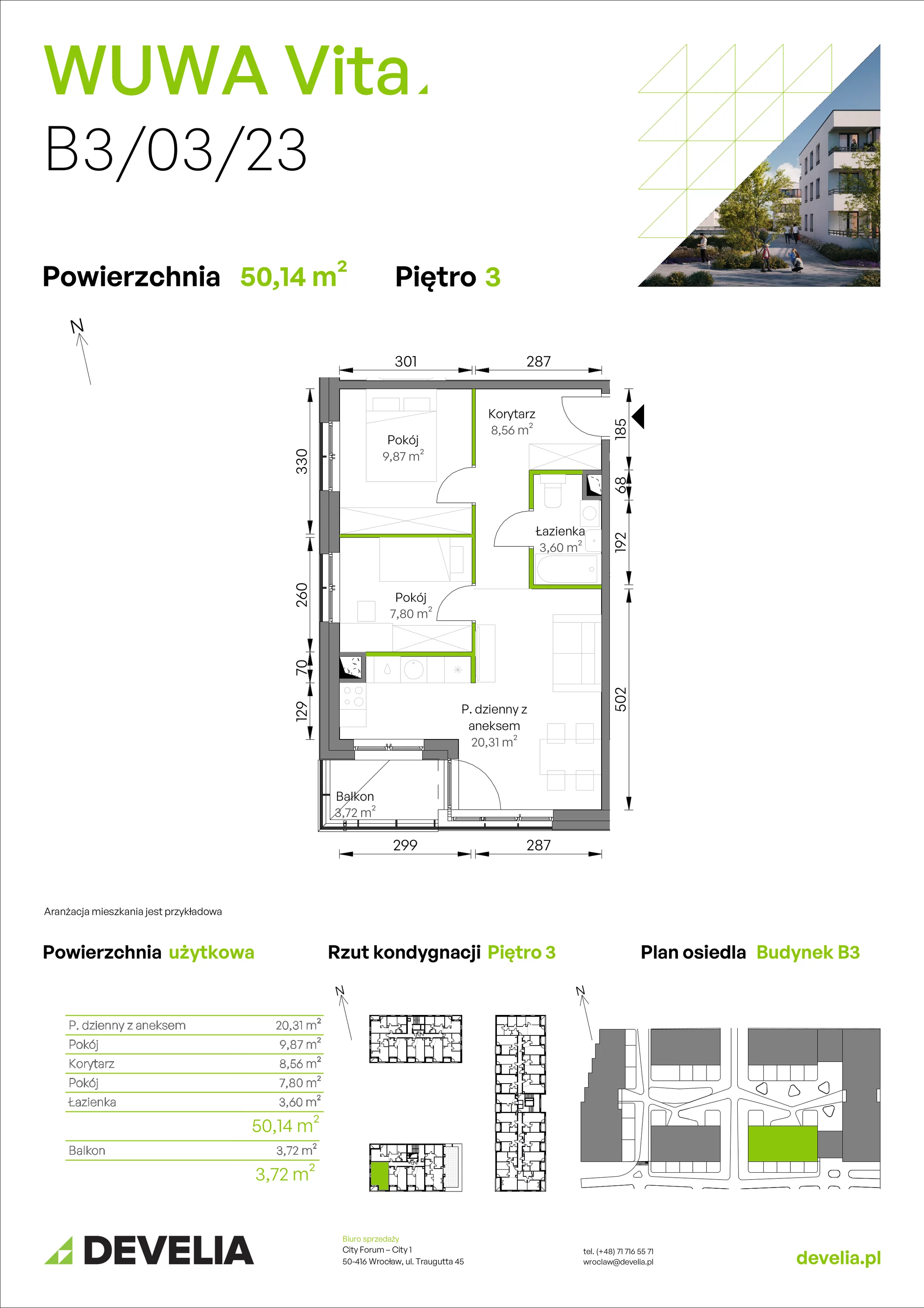 3 pokoje, mieszkanie 50,14 m², piętro 3, oferta nr B3/03/23, WUWA Vita II, Wrocław, Żerniki, Fabryczna, ul. T. Brzozy
