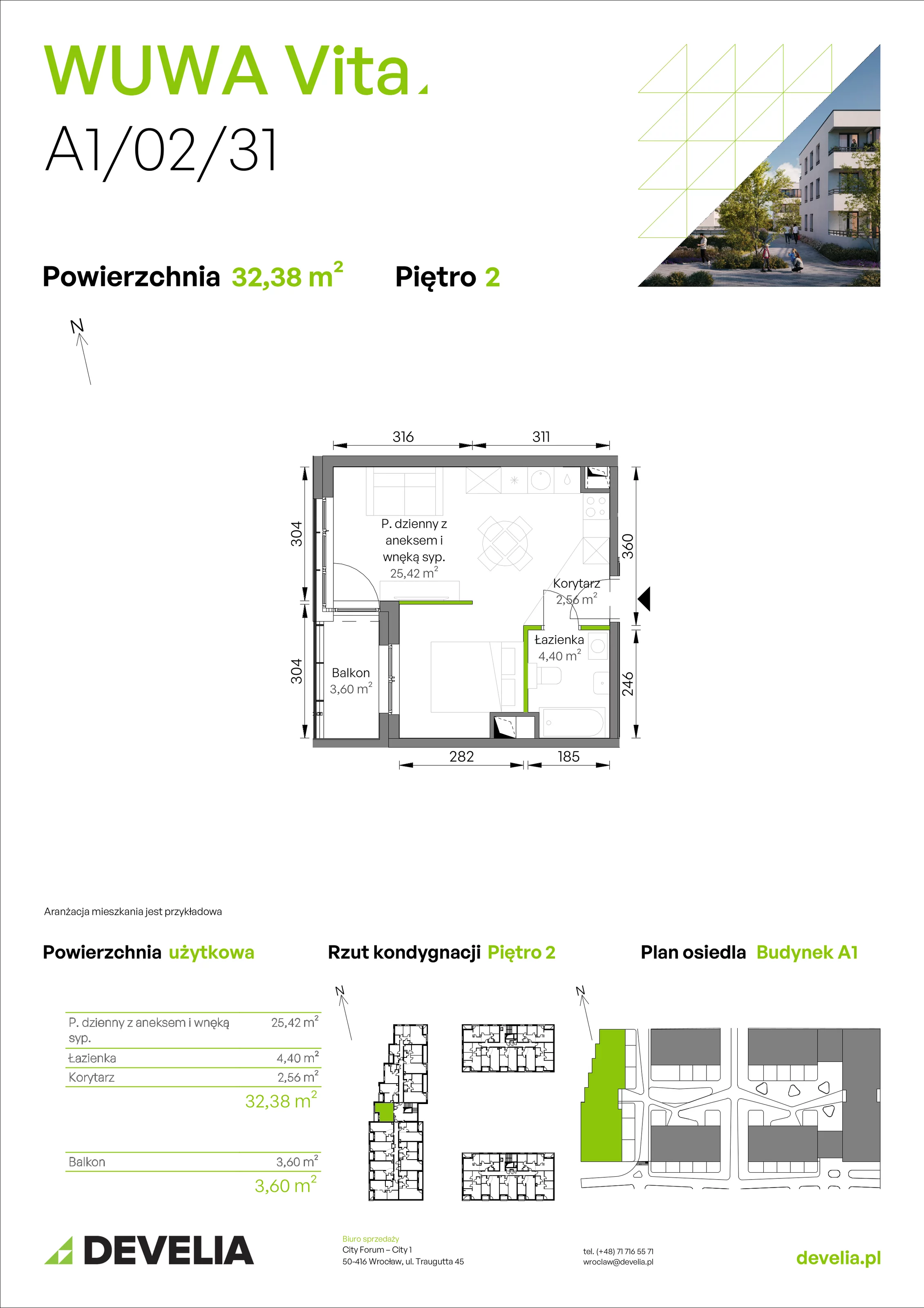 1 pokój, mieszkanie 32,28 m², piętro 2, oferta nr A1/02/31, WUWA Vita II, Wrocław, Żerniki, Fabryczna, ul. T. Brzozy