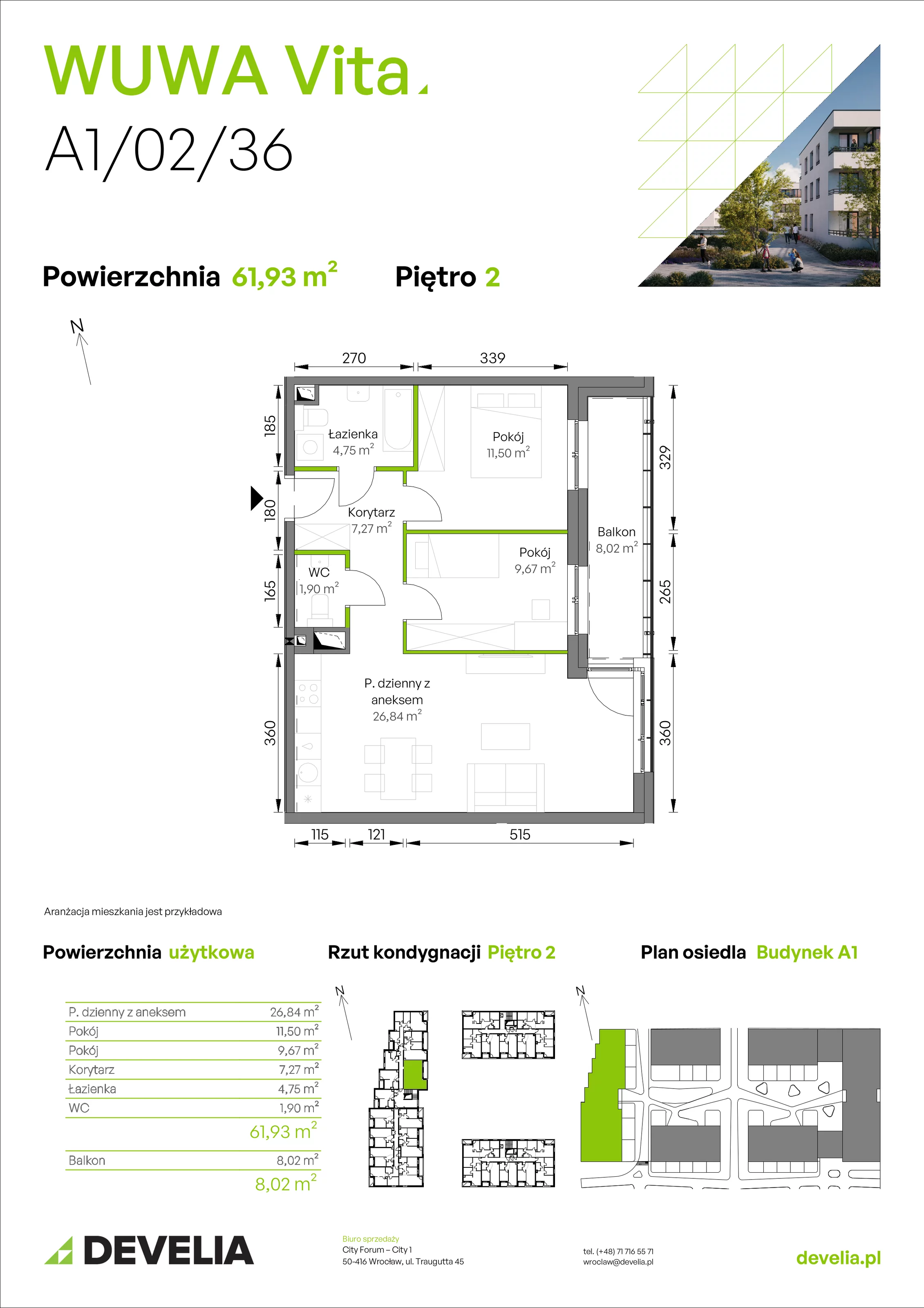 3 pokoje, mieszkanie 61,93 m², piętro 2, oferta nr A1/02/36, WUWA Vita II, Wrocław, Żerniki, Fabryczna, ul. T. Brzozy