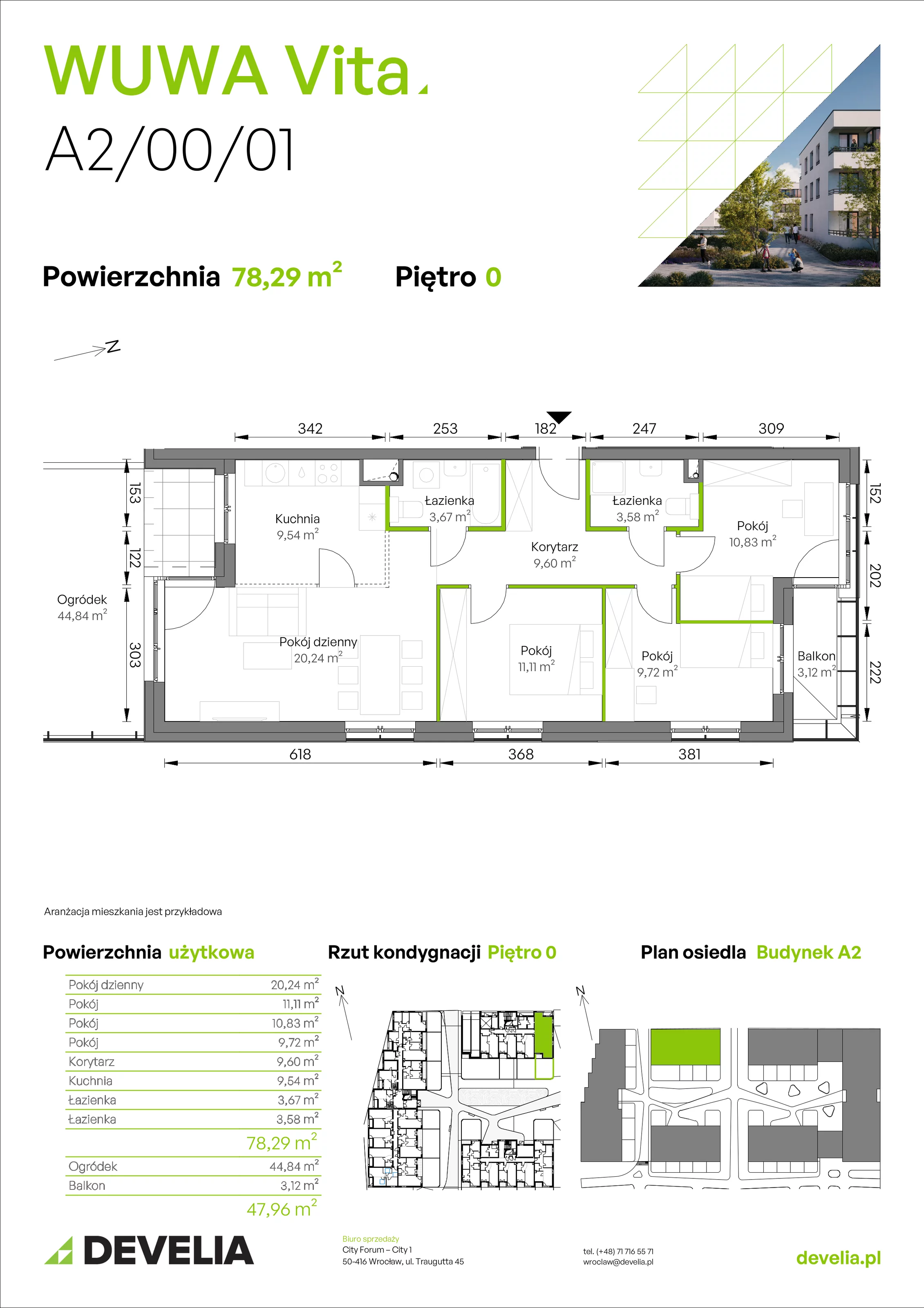 4 pokoje, mieszkanie 78,29 m², parter, oferta nr A2/00/01, WUWA Vita II, Wrocław, Żerniki, Fabryczna, ul. T. Brzozy