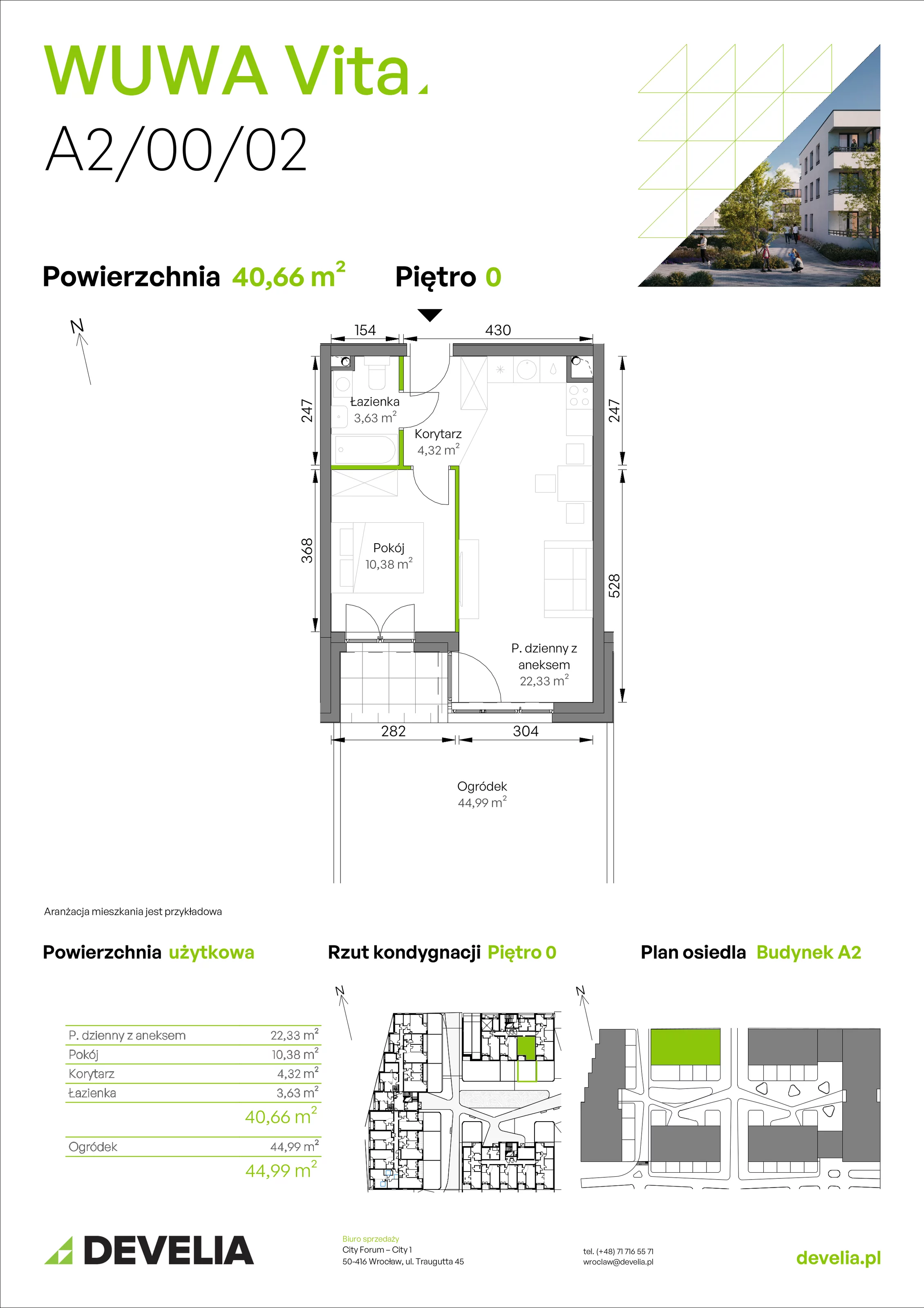 2 pokoje, mieszkanie 40,66 m², parter, oferta nr A2/00/02, WUWA Vita II, Wrocław, Żerniki, Fabryczna, ul. T. Brzozy