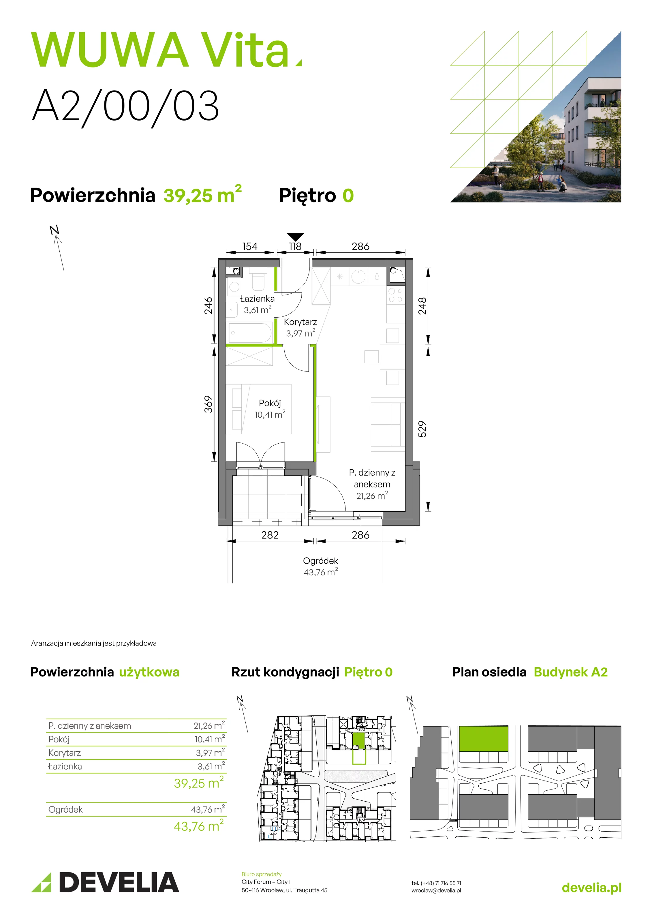 2 pokoje, mieszkanie 39,25 m², parter, oferta nr A2/00/03, WUWA Vita II, Wrocław, Żerniki, Fabryczna, ul. T. Brzozy