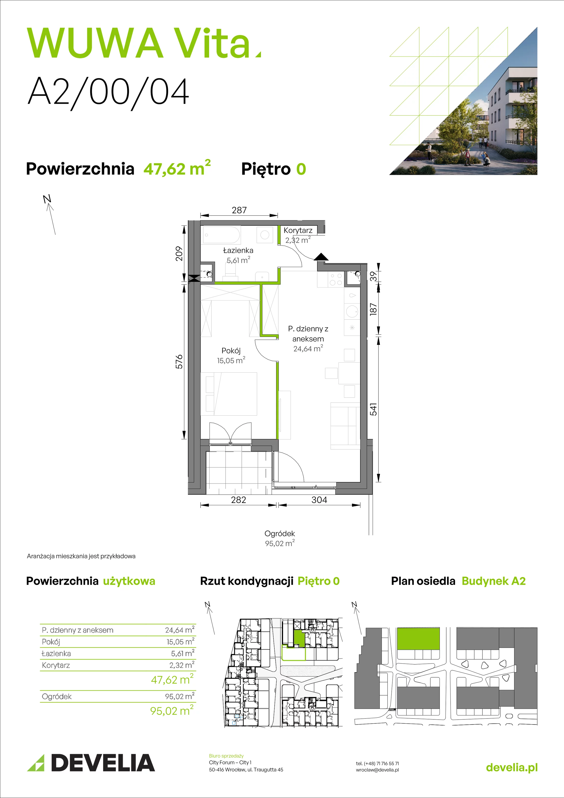 2 pokoje, mieszkanie 47,62 m², parter, oferta nr A2/00/04, WUWA Vita II, Wrocław, Żerniki, Fabryczna, ul. T. Brzozy