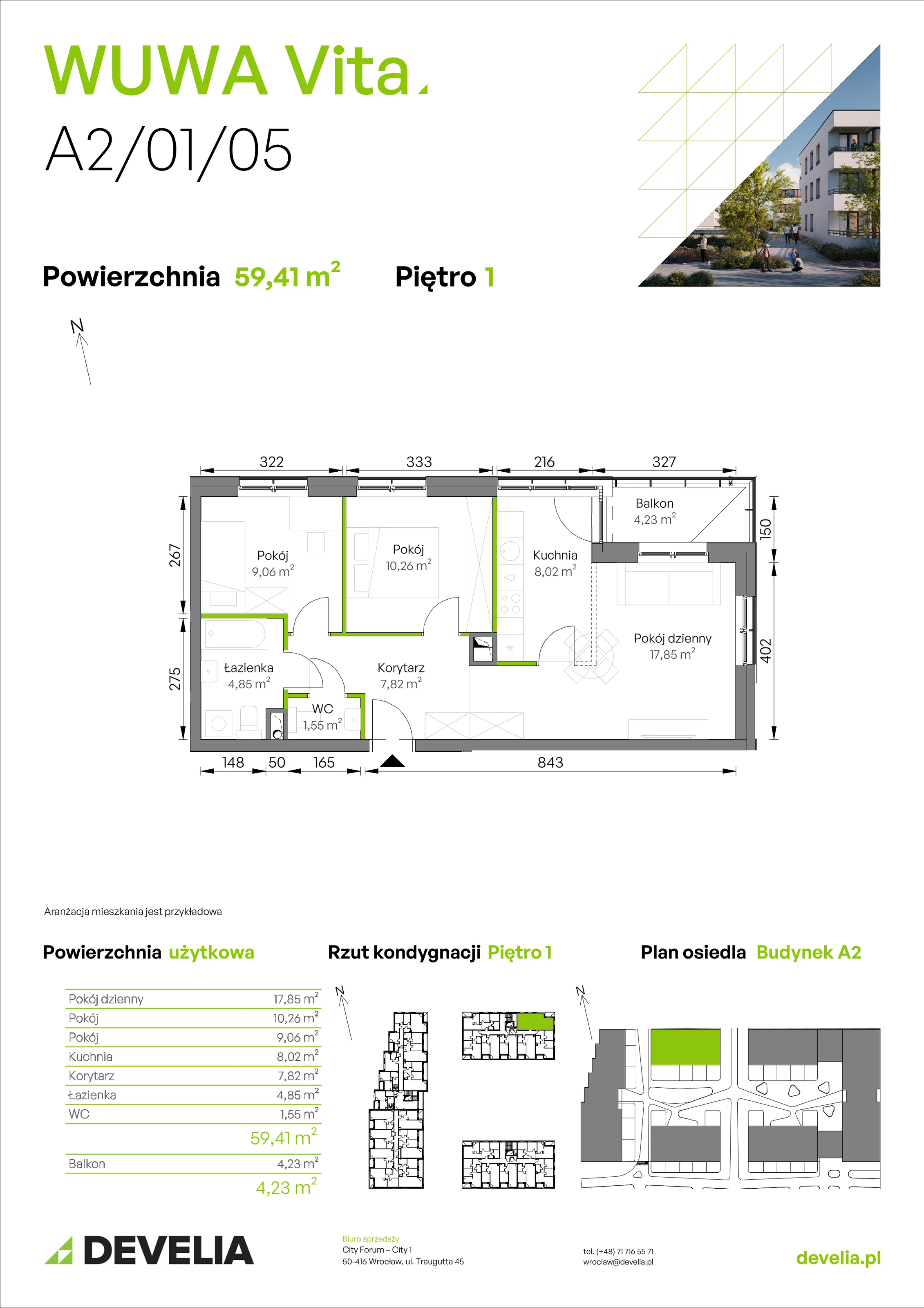 3 pokoje, mieszkanie 59,41 m², piętro 1, oferta nr A2/01/05, WUWA Vita II, Wrocław, Żerniki, Fabryczna, ul. T. Brzozy