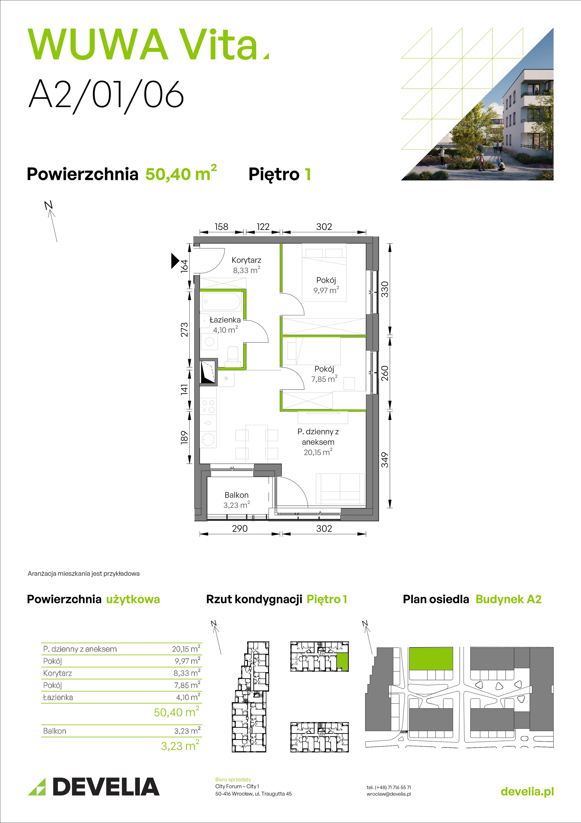 3 pokoje, mieszkanie 50,40 m², piętro 1, oferta nr A2/01/06, WUWA Vita II, Wrocław, Żerniki, Fabryczna, ul. T. Brzozy