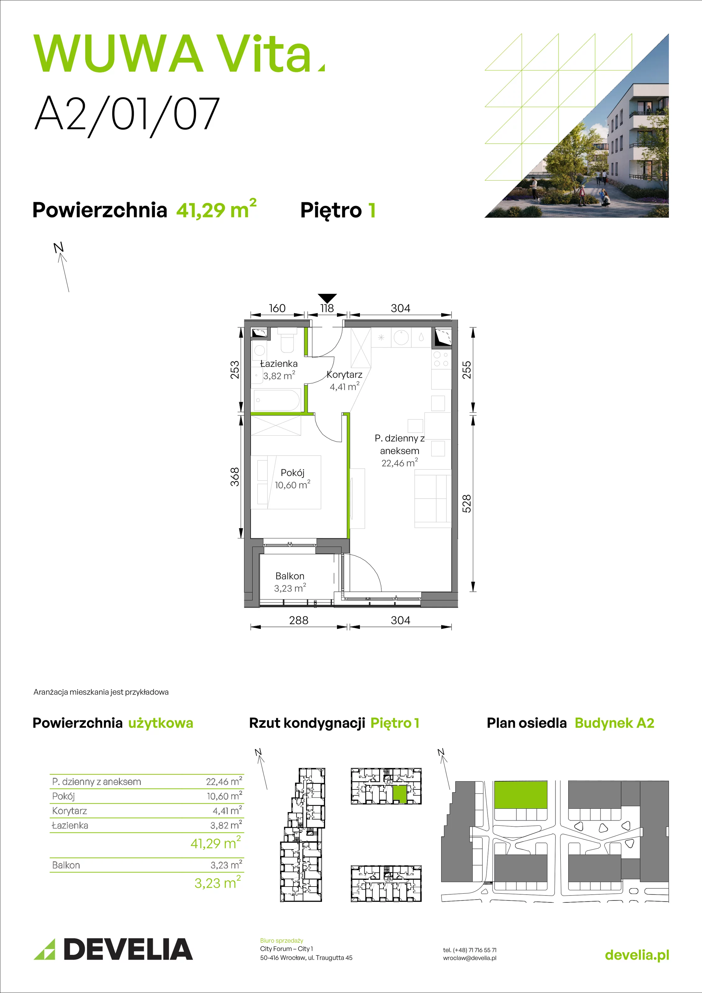 2 pokoje, mieszkanie 41,29 m², piętro 1, oferta nr A2/01/07, WUWA Vita II, Wrocław, Żerniki, Fabryczna, ul. T. Brzozy