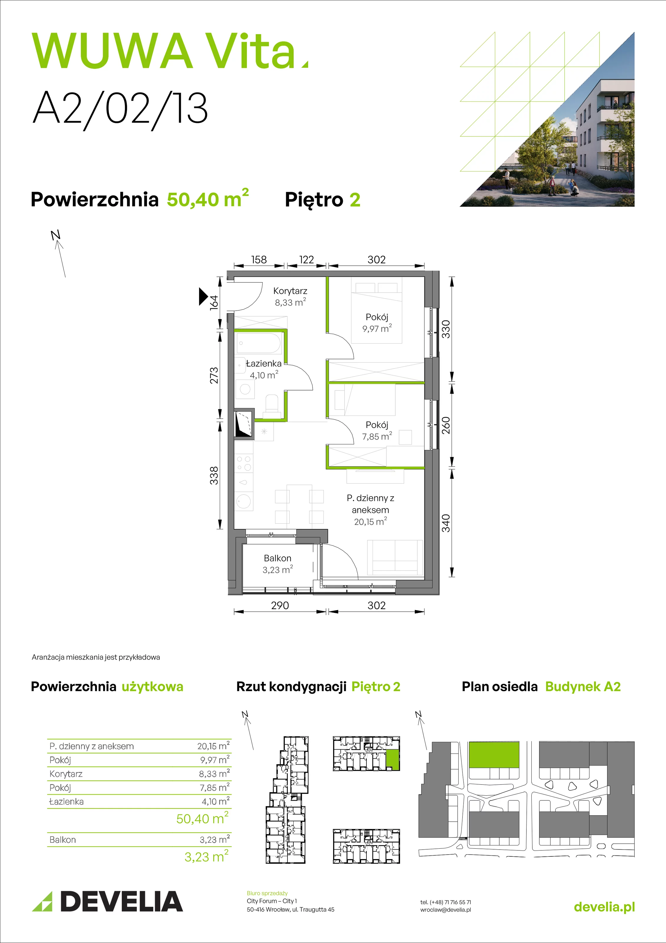 3 pokoje, mieszkanie 50,40 m², piętro 2, oferta nr A2/02/13, WUWA Vita II, Wrocław, Żerniki, Fabryczna, ul. T. Brzozy