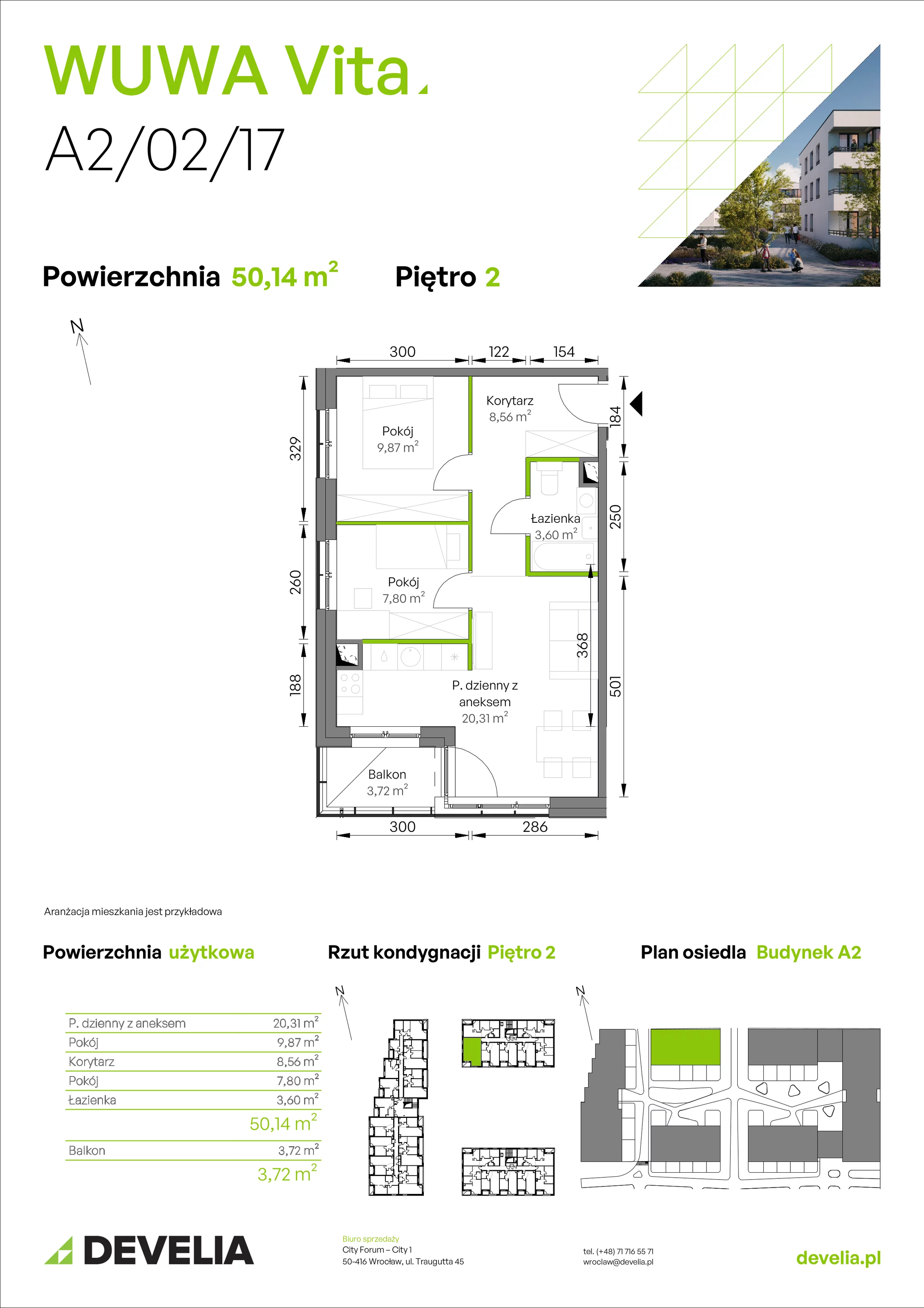 3 pokoje, mieszkanie 50,14 m², piętro 2, oferta nr A2/02/17, WUWA Vita II, Wrocław, Żerniki, Fabryczna, ul. T. Brzozy