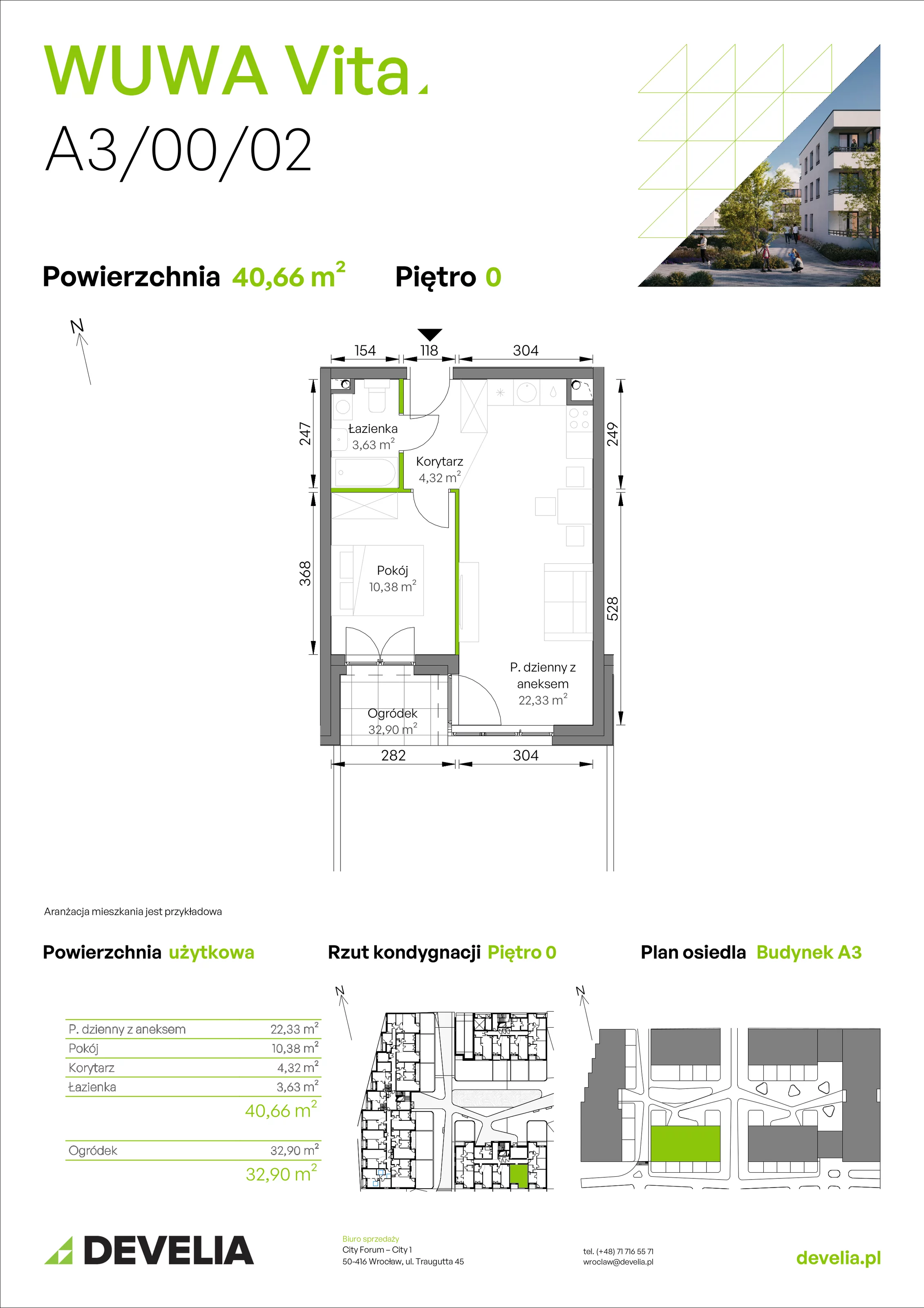 2 pokoje, mieszkanie 40,66 m², parter, oferta nr A3/00/02, WUWA Vita II, Wrocław, Żerniki, Fabryczna, ul. T. Brzozy