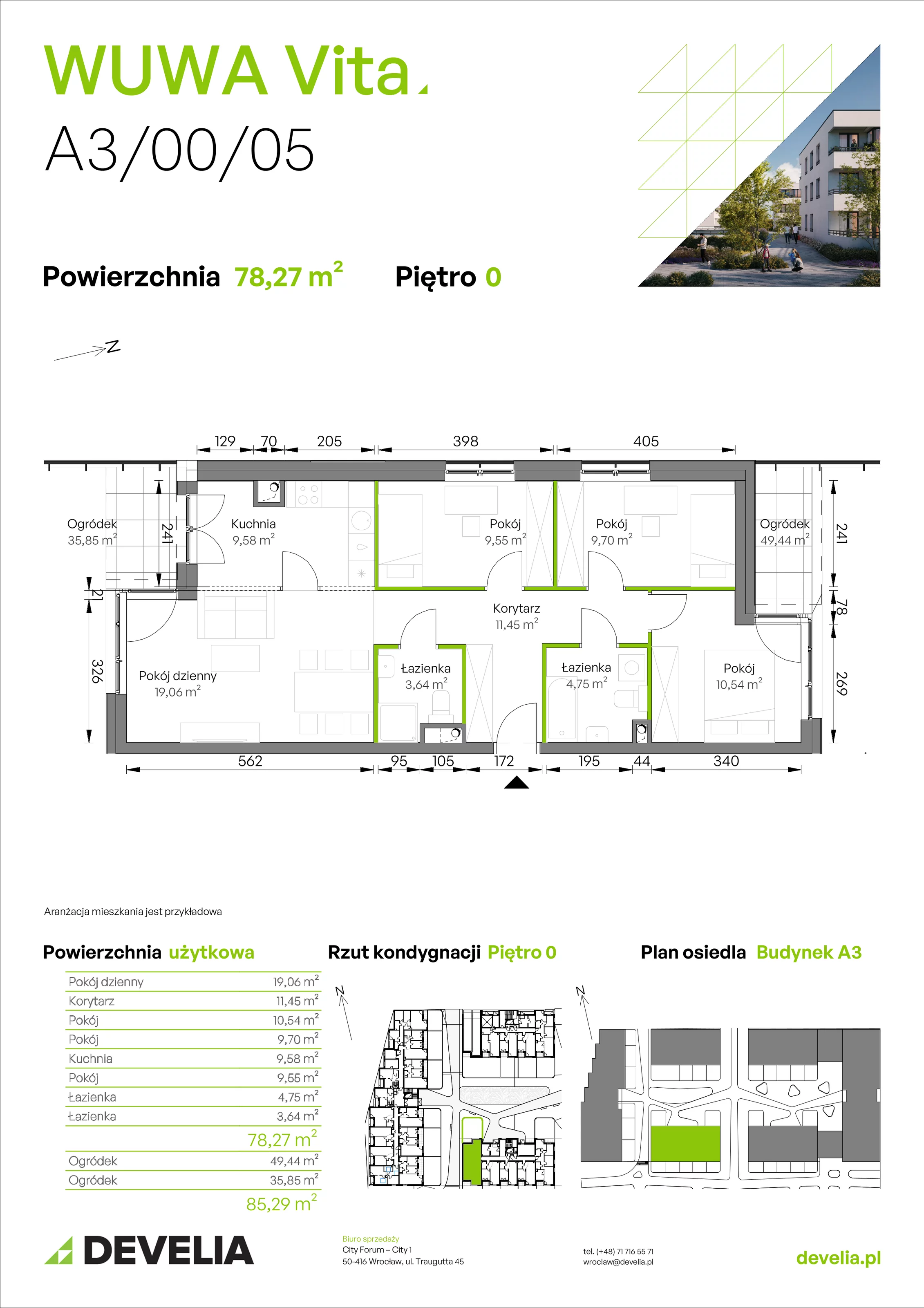 4 pokoje, mieszkanie 78,27 m², parter, oferta nr A3/00/05, WUWA Vita II, Wrocław, Żerniki, Fabryczna, ul. T. Brzozy