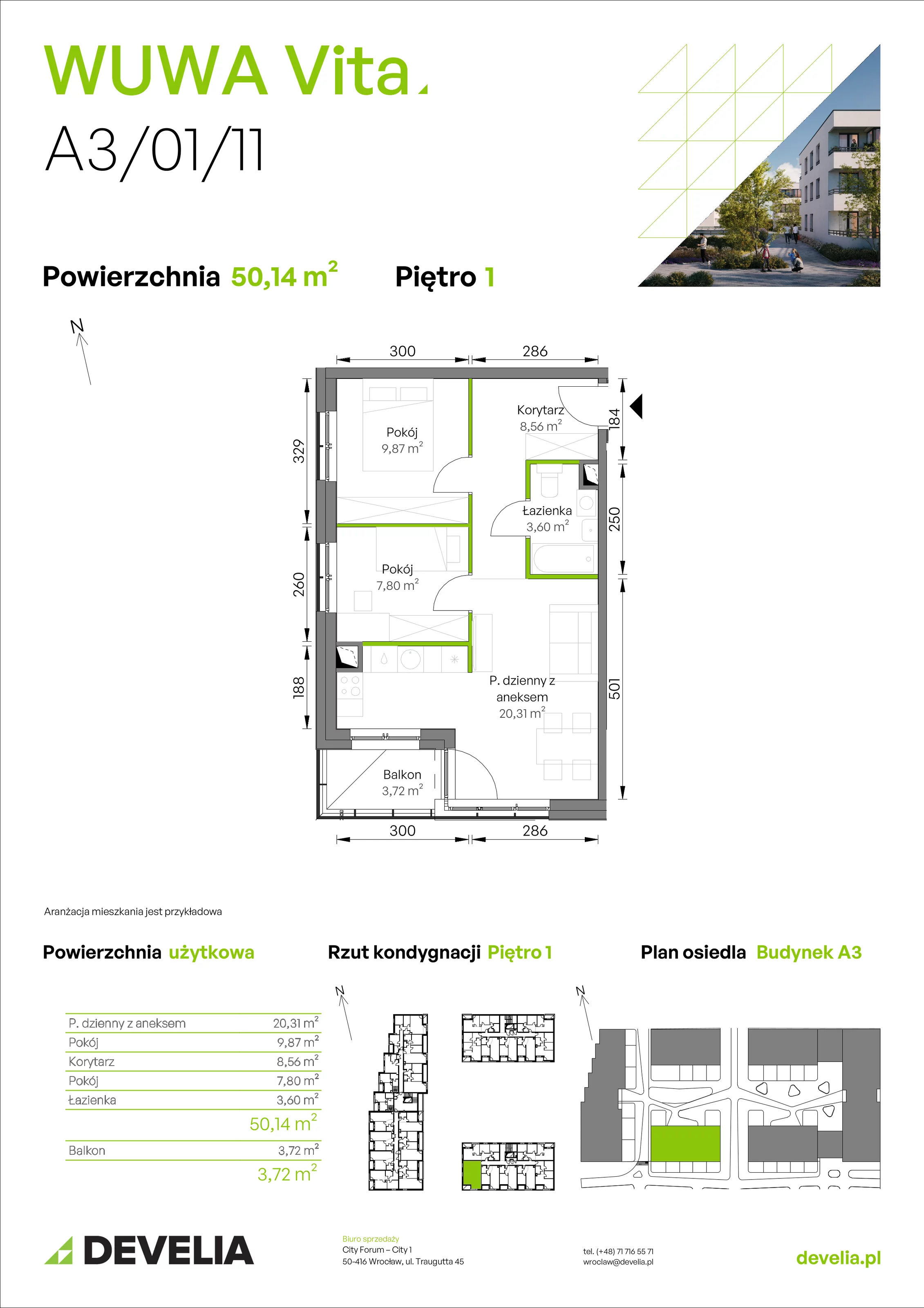 3 pokoje, mieszkanie 50,14 m², piętro 1, oferta nr A3/01/11, WUWA Vita II, Wrocław, Żerniki, Fabryczna, ul. T. Brzozy