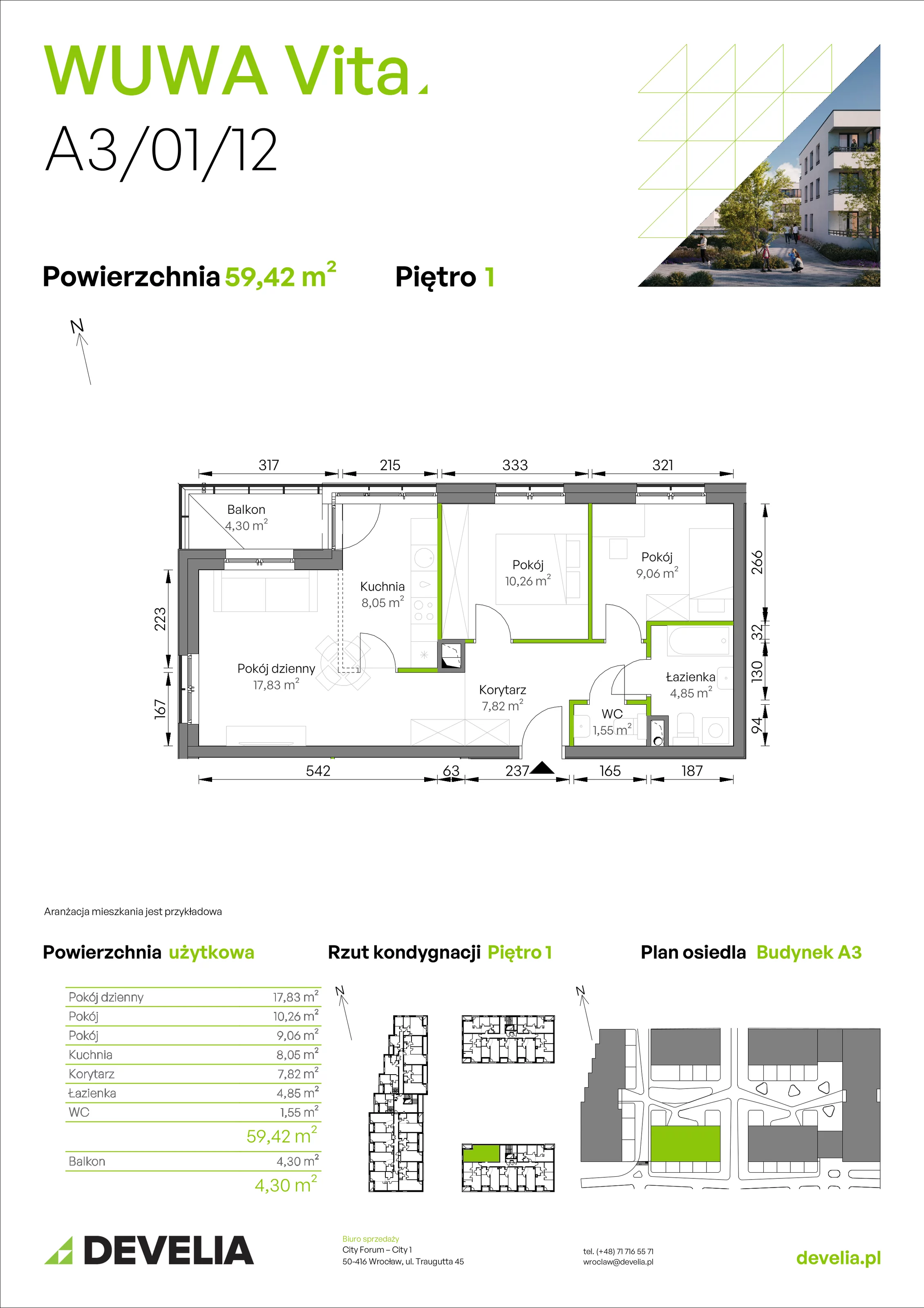 3 pokoje, mieszkanie 59,42 m², piętro 1, oferta nr A3/01/12, WUWA Vita II, Wrocław, Żerniki, Fabryczna, ul. T. Brzozy