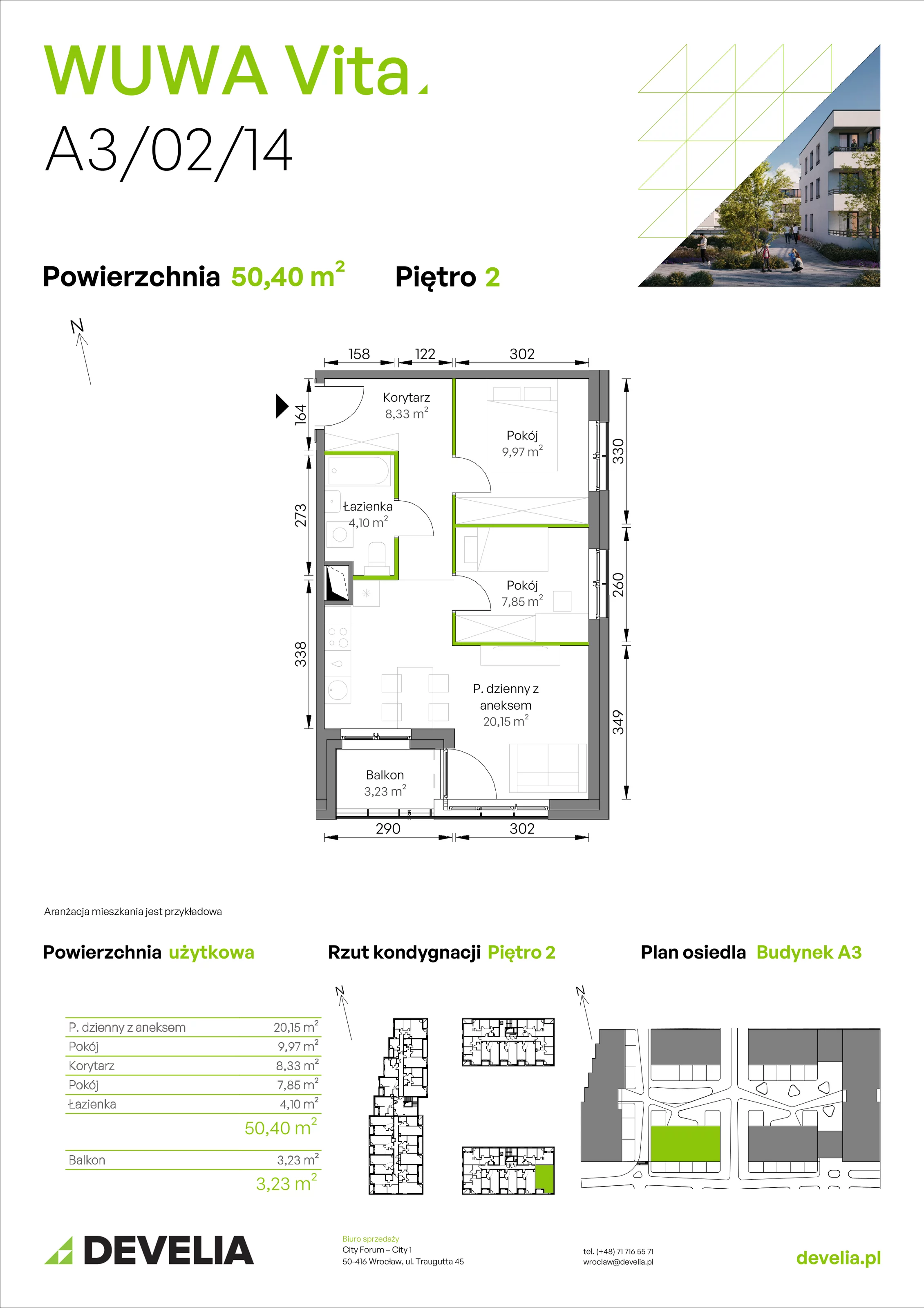 3 pokoje, mieszkanie 50,40 m², piętro 2, oferta nr A3/02/14, WUWA Vita II, Wrocław, Żerniki, Fabryczna, ul. T. Brzozy