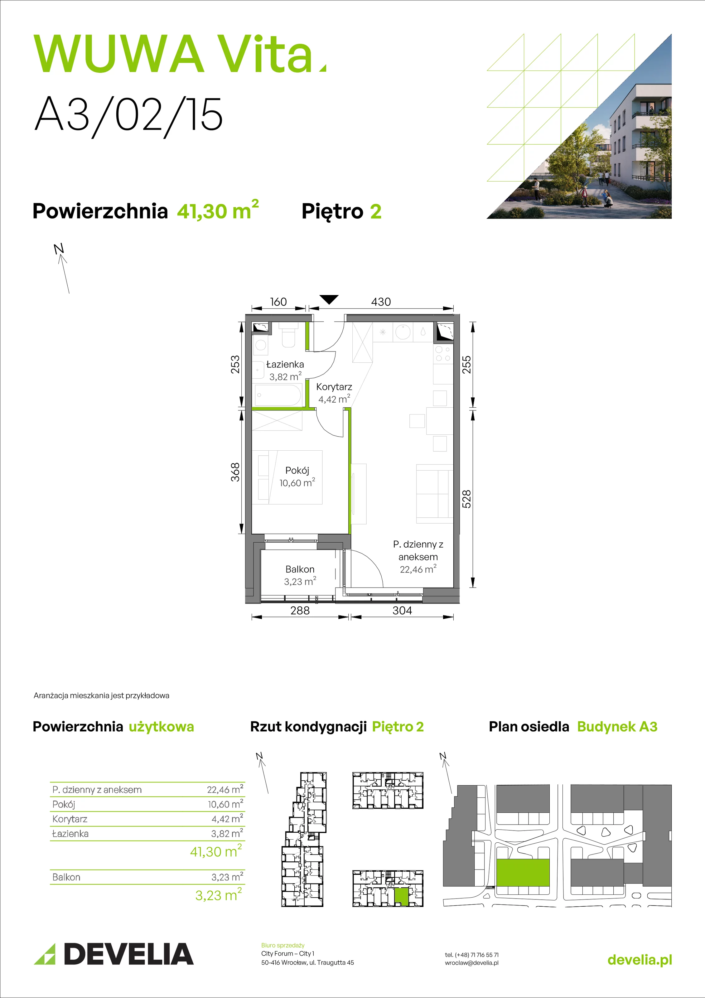 2 pokoje, mieszkanie 41,30 m², piętro 2, oferta nr A3/02/15, WUWA Vita II, Wrocław, Żerniki, Fabryczna, ul. T. Brzozy