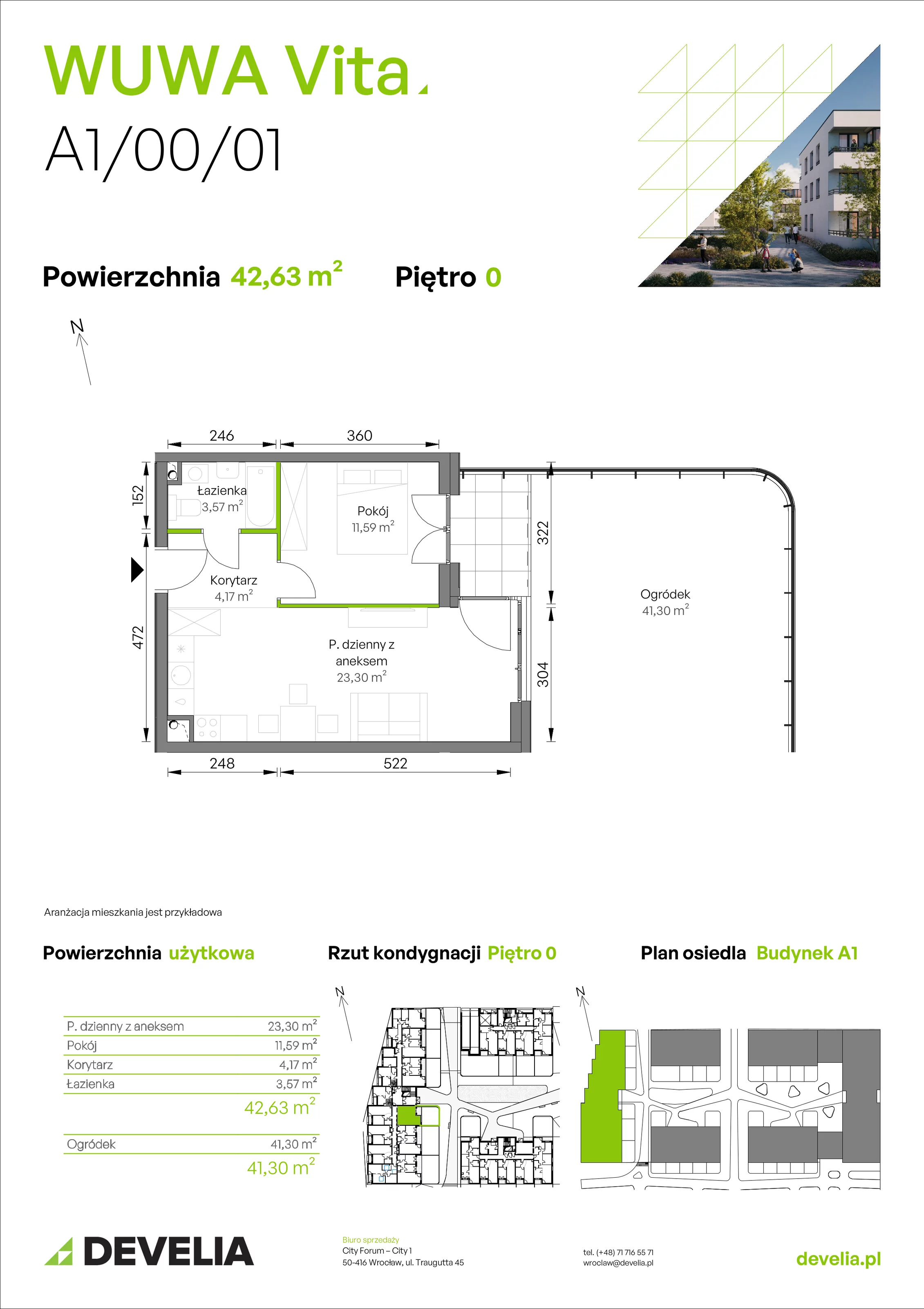 2 pokoje, mieszkanie 42,63 m², parter, oferta nr A1/00/01, WUWA Vita II, Wrocław, Żerniki, Fabryczna, ul. T. Brzozy