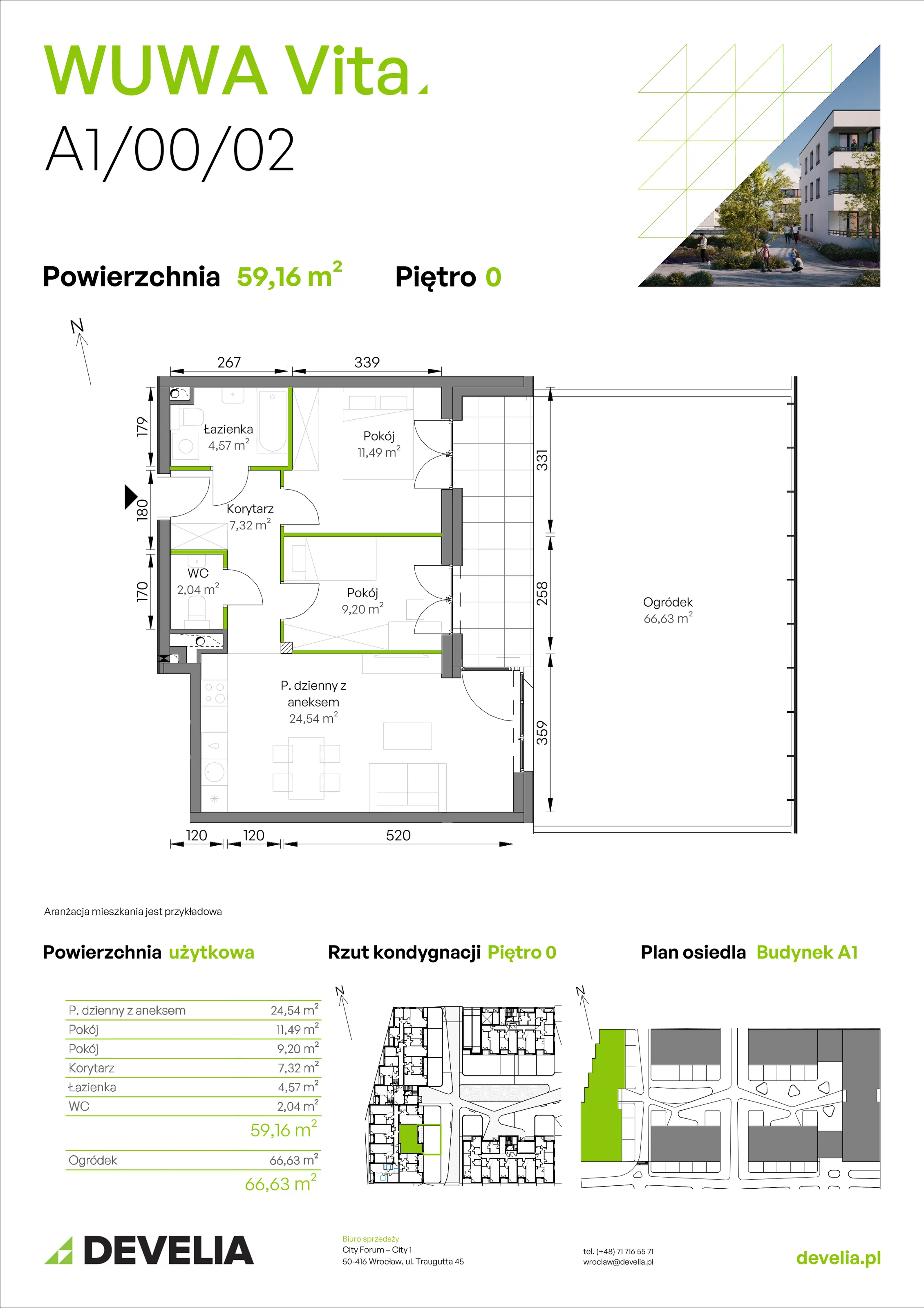 3 pokoje, mieszkanie 59,16 m², parter, oferta nr A1/00/02, WUWA Vita II, Wrocław, Żerniki, Fabryczna, ul. T. Brzozy
