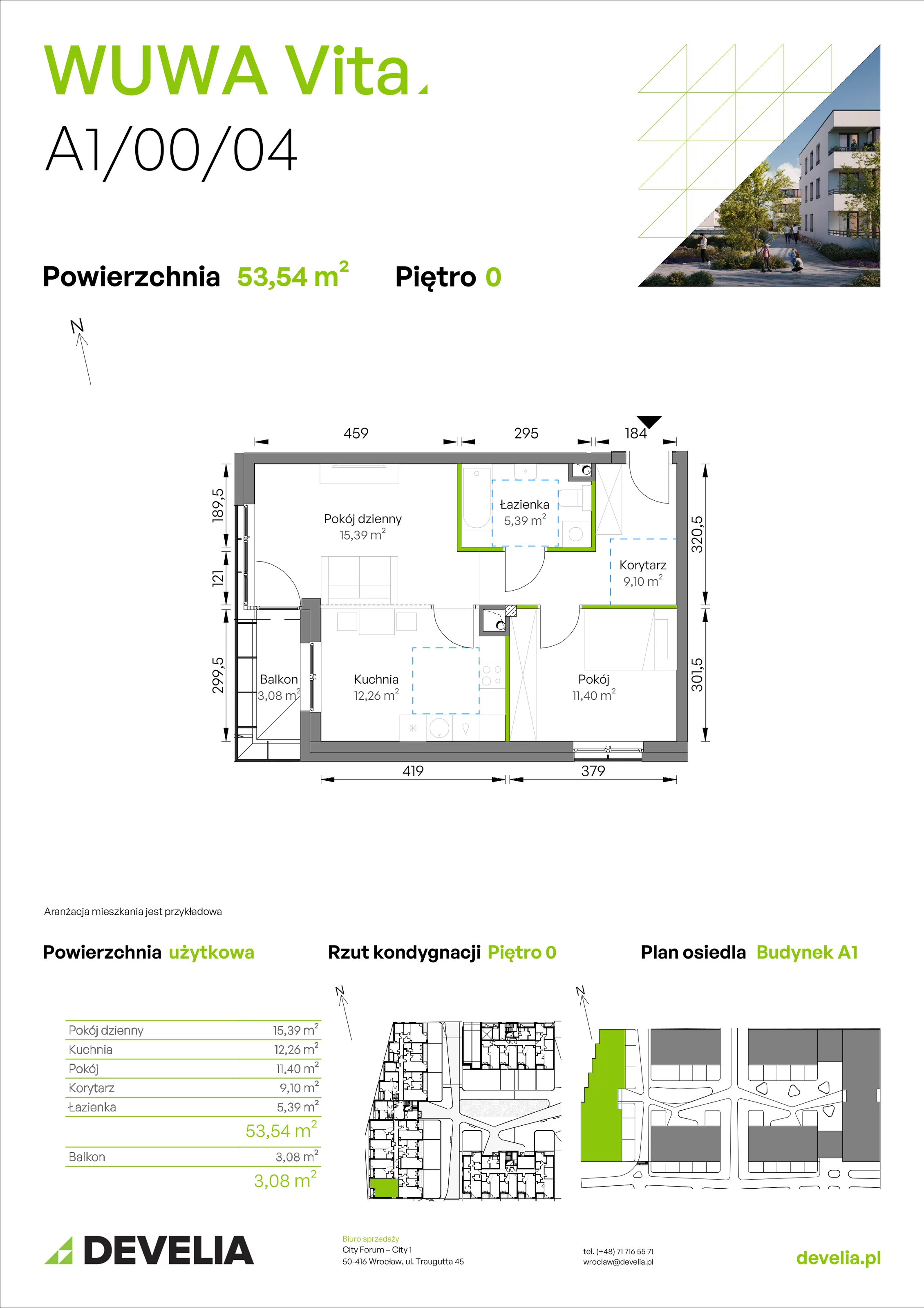 2 pokoje, mieszkanie 53,54 m², parter, oferta nr A1/00/04, WUWA Vita II, Wrocław, Żerniki, Fabryczna, ul. T. Brzozy