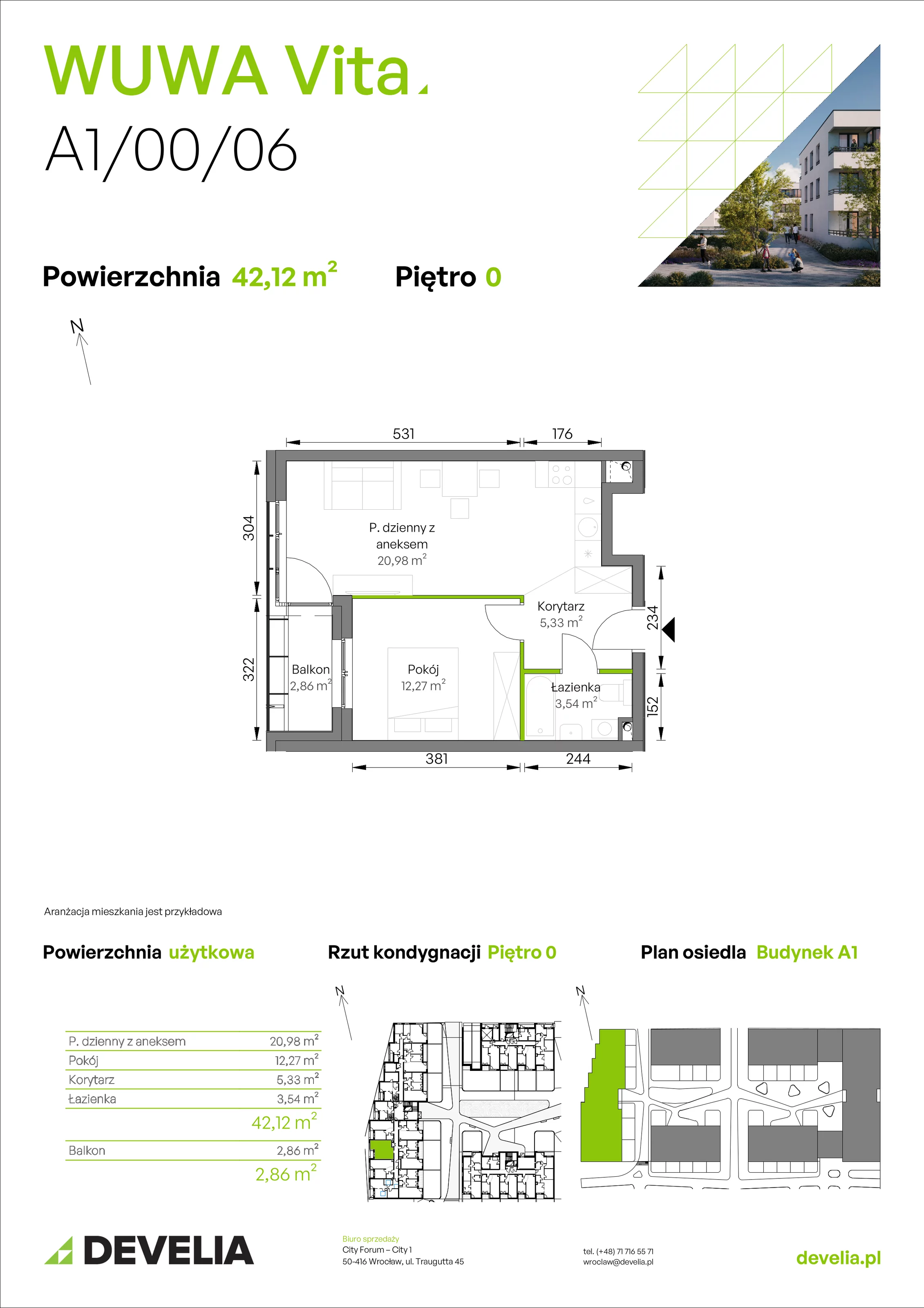 2 pokoje, mieszkanie 42,12 m², parter, oferta nr A1/00/06, WUWA Vita II, Wrocław, Żerniki, Fabryczna, ul. T. Brzozy