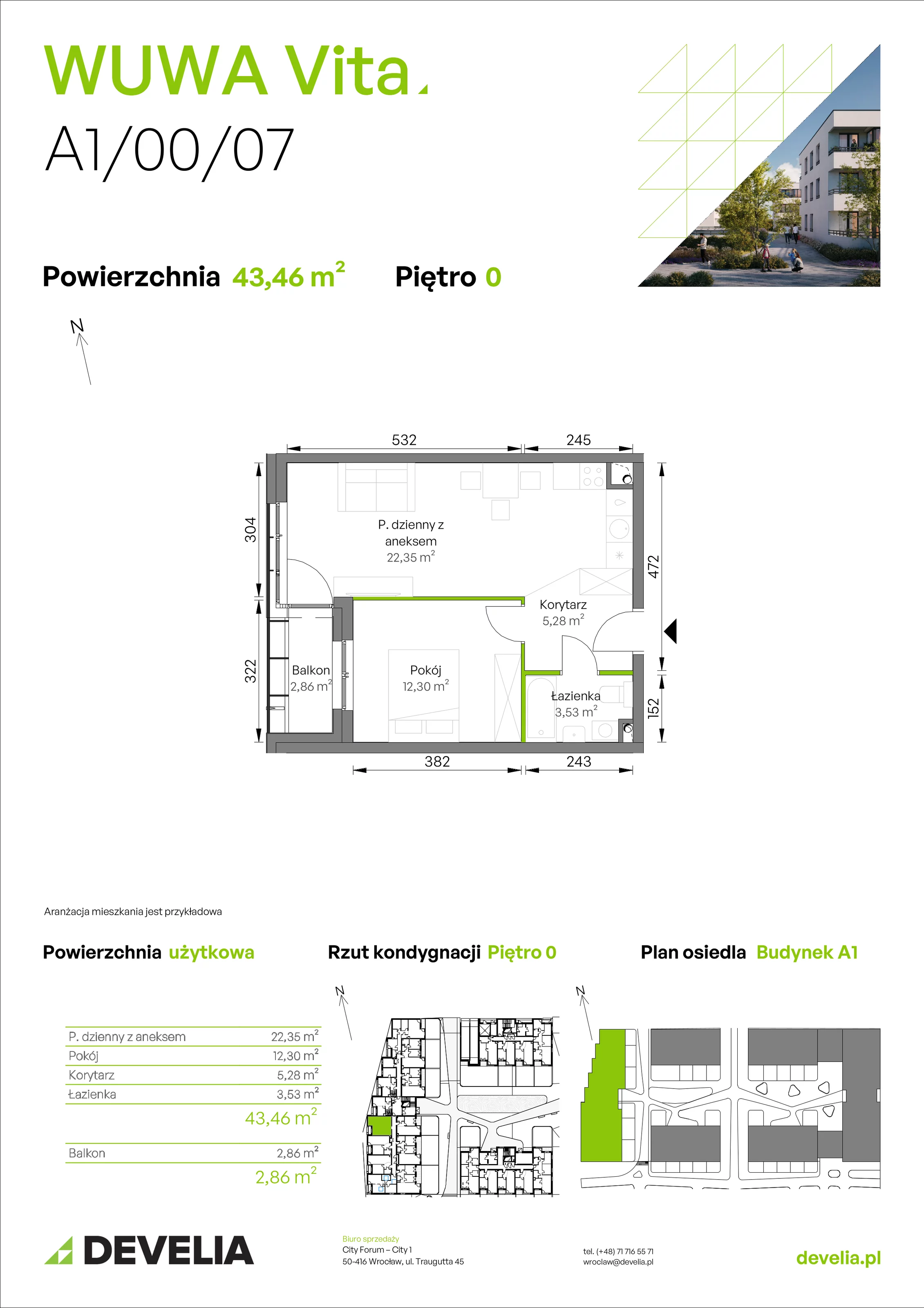 2 pokoje, mieszkanie 43,46 m², parter, oferta nr A1/00/07, WUWA Vita II, Wrocław, Żerniki, Fabryczna, ul. T. Brzozy