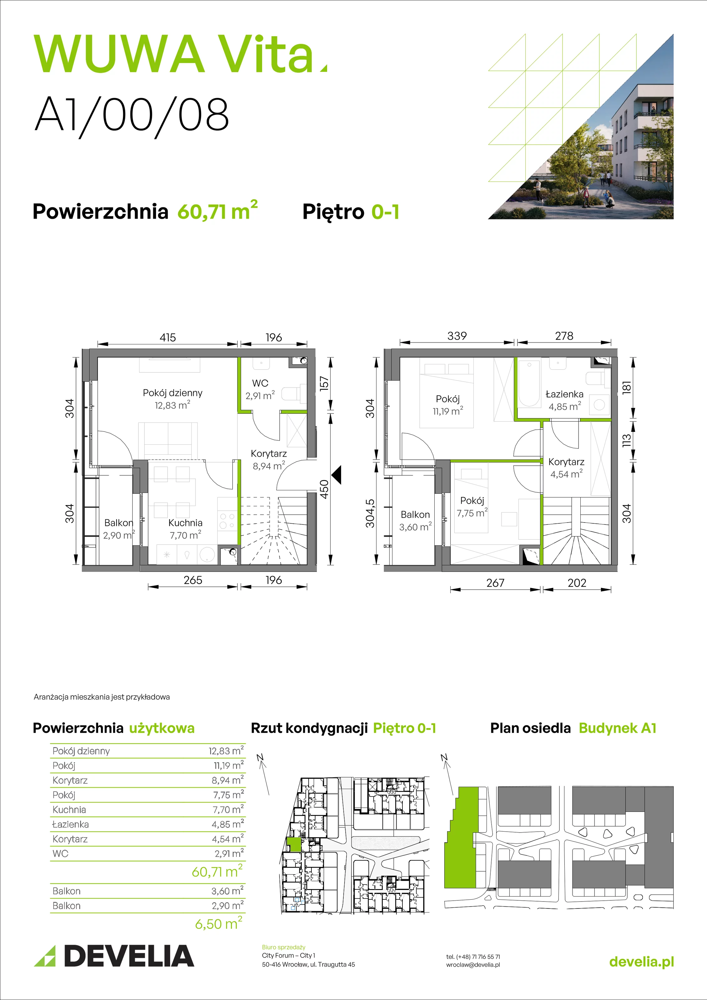 3 pokoje, mieszkanie 60,71 m², parter, oferta nr A1/00/08, WUWA Vita II, Wrocław, Żerniki, Fabryczna, ul. T. Brzozy