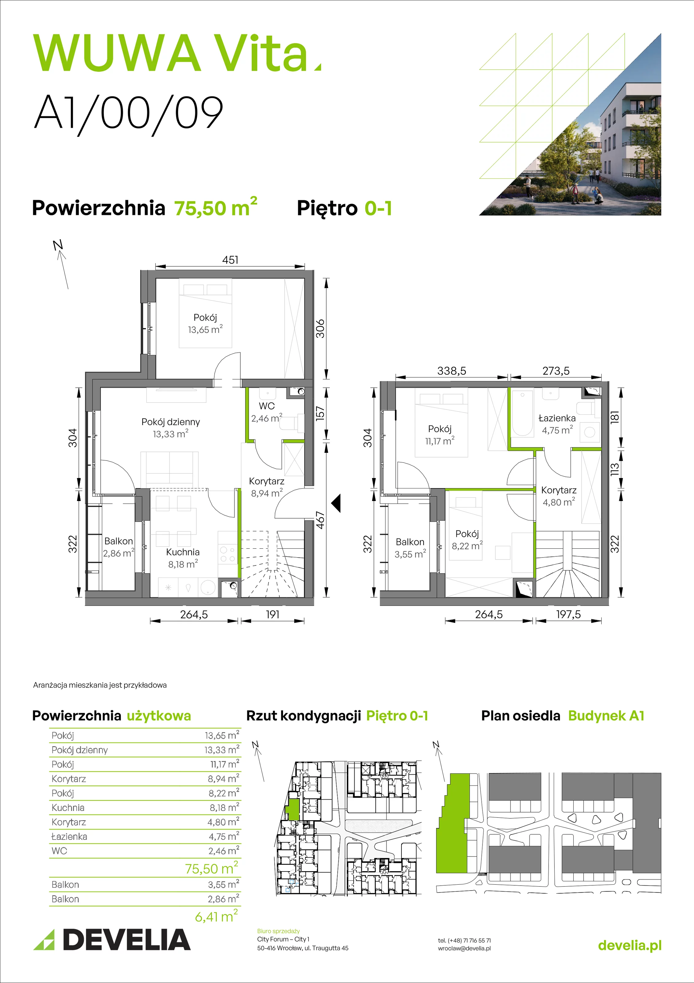 4 pokoje, mieszkanie 75,50 m², parter, oferta nr A1/00/09, WUWA Vita II, Wrocław, Żerniki, Fabryczna, ul. T. Brzozy