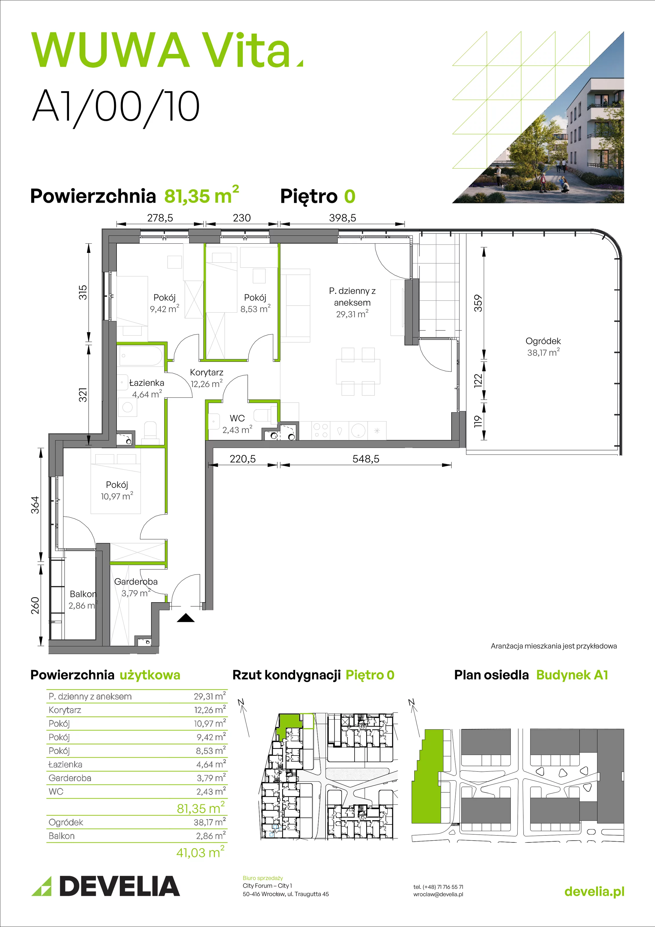 4 pokoje, mieszkanie 81,35 m², parter, oferta nr A1/00/10, WUWA Vita II, Wrocław, Żerniki, Fabryczna, ul. T. Brzozy