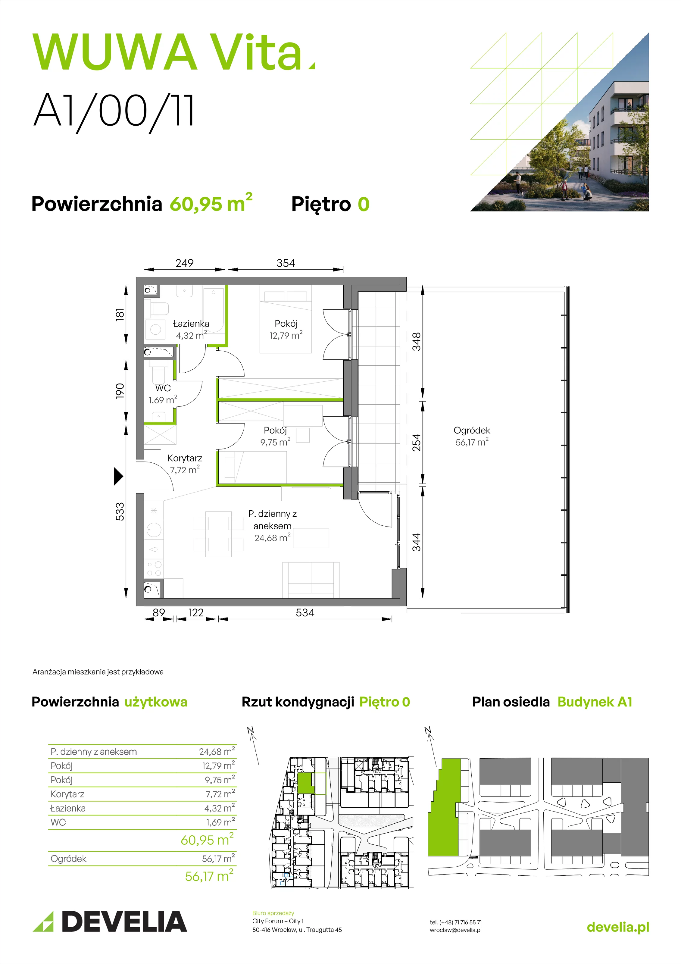 3 pokoje, mieszkanie 60,95 m², parter, oferta nr A1/00/11, WUWA Vita II, Wrocław, Żerniki, Fabryczna, ul. T. Brzozy