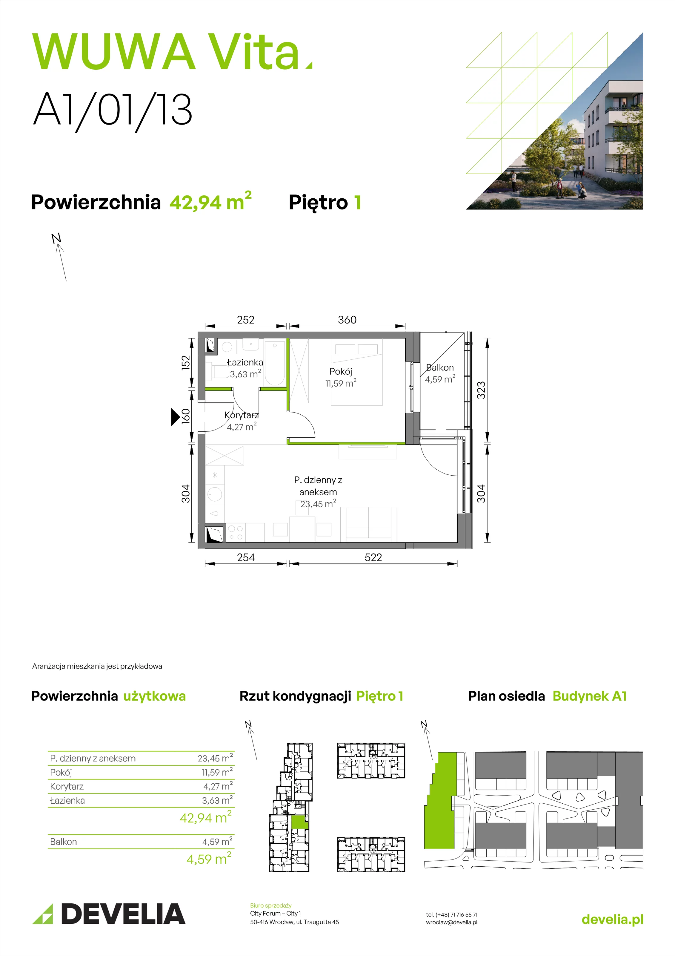 2 pokoje, mieszkanie 42,94 m², piętro 1, oferta nr A1/01/13, WUWA Vita II, Wrocław, Żerniki, Fabryczna, ul. T. Brzozy