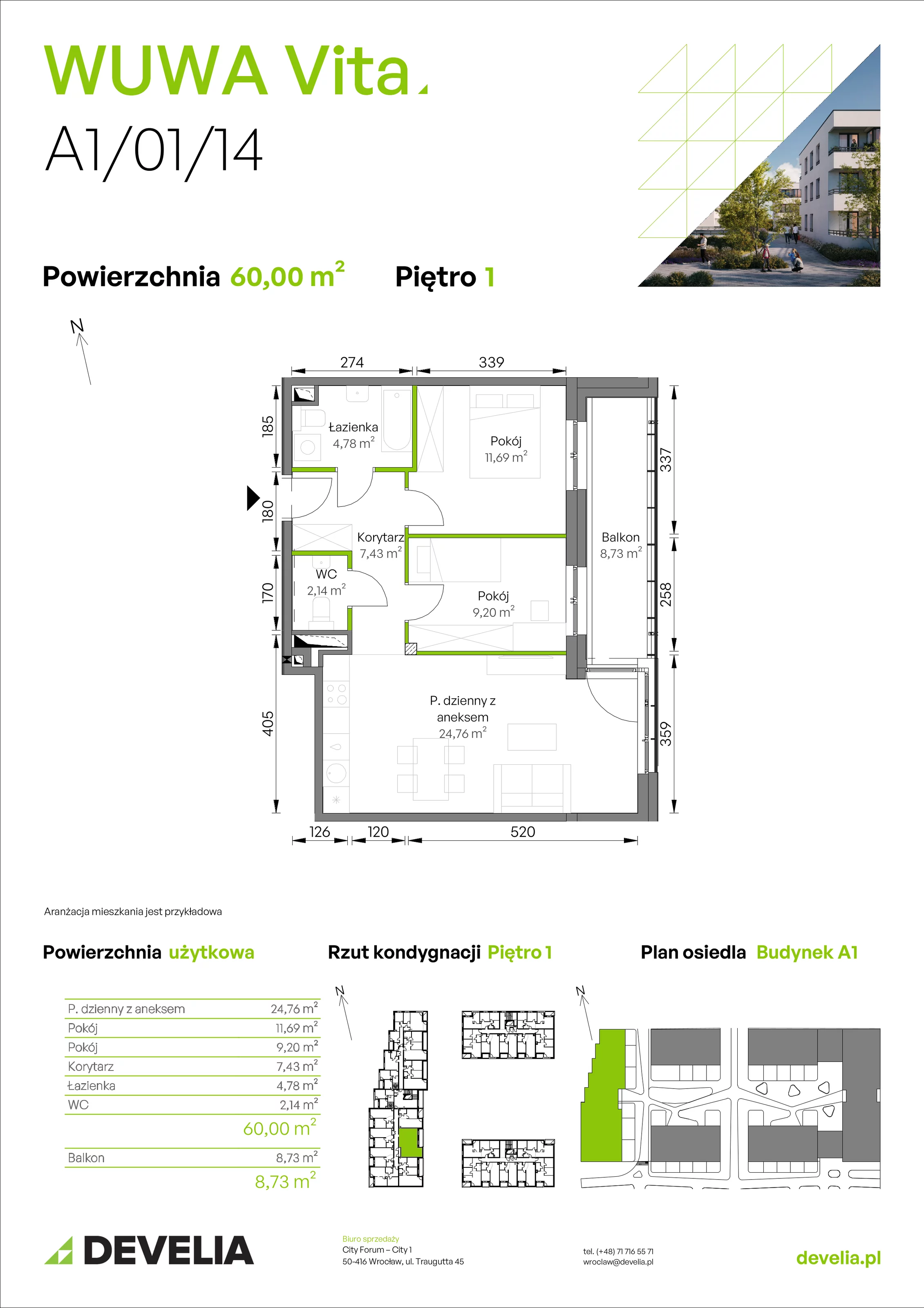 3 pokoje, mieszkanie 60,00 m², piętro 1, oferta nr A1/01/14, WUWA Vita II, Wrocław, Żerniki, Fabryczna, ul. T. Brzozy