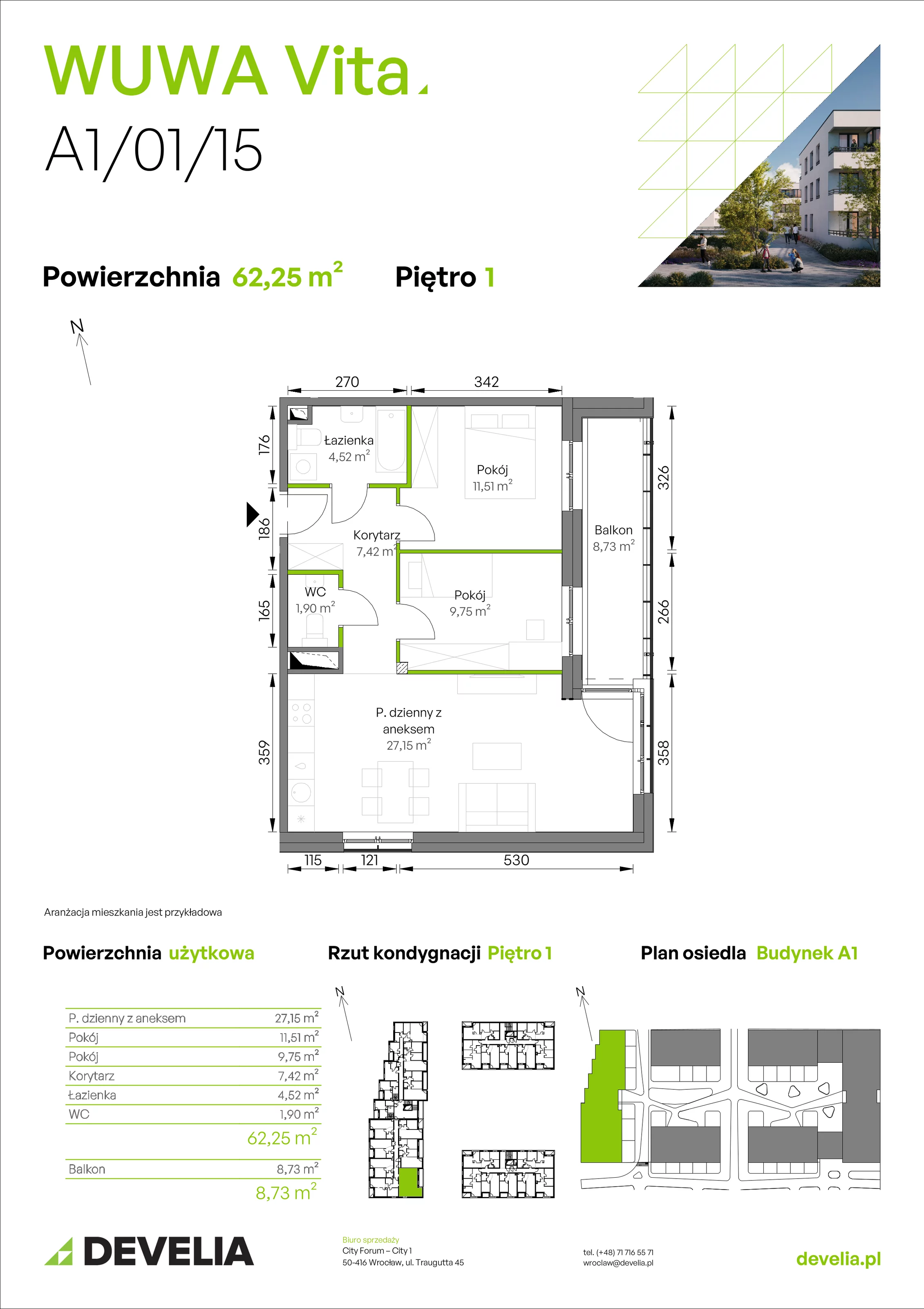 3 pokoje, mieszkanie 62,25 m², piętro 1, oferta nr A1/01/15, WUWA Vita II, Wrocław, Żerniki, Fabryczna, ul. T. Brzozy