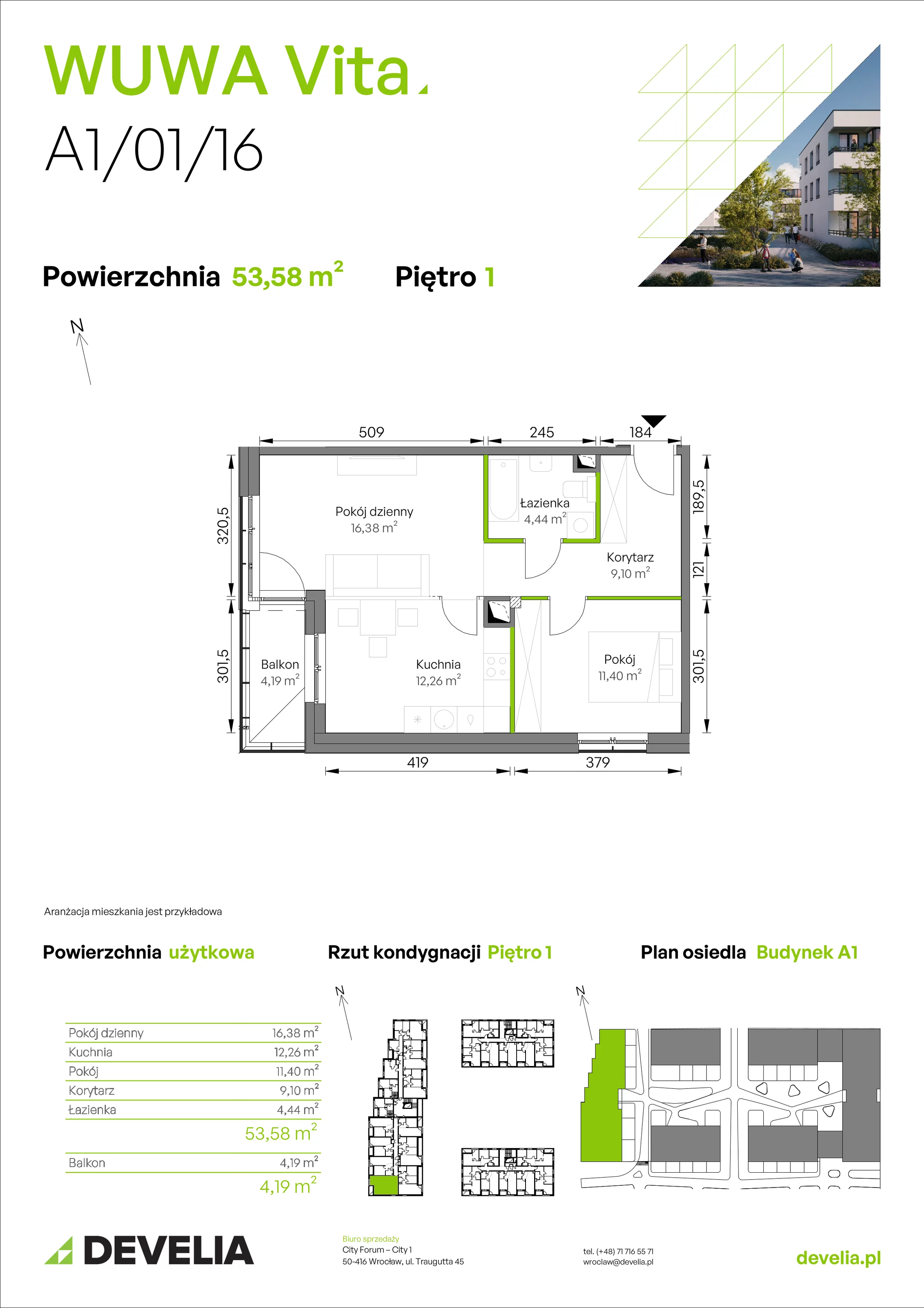 2 pokoje, mieszkanie 53,58 m², piętro 1, oferta nr A1/01/16, WUWA Vita II, Wrocław, Żerniki, Fabryczna, ul. T. Brzozy