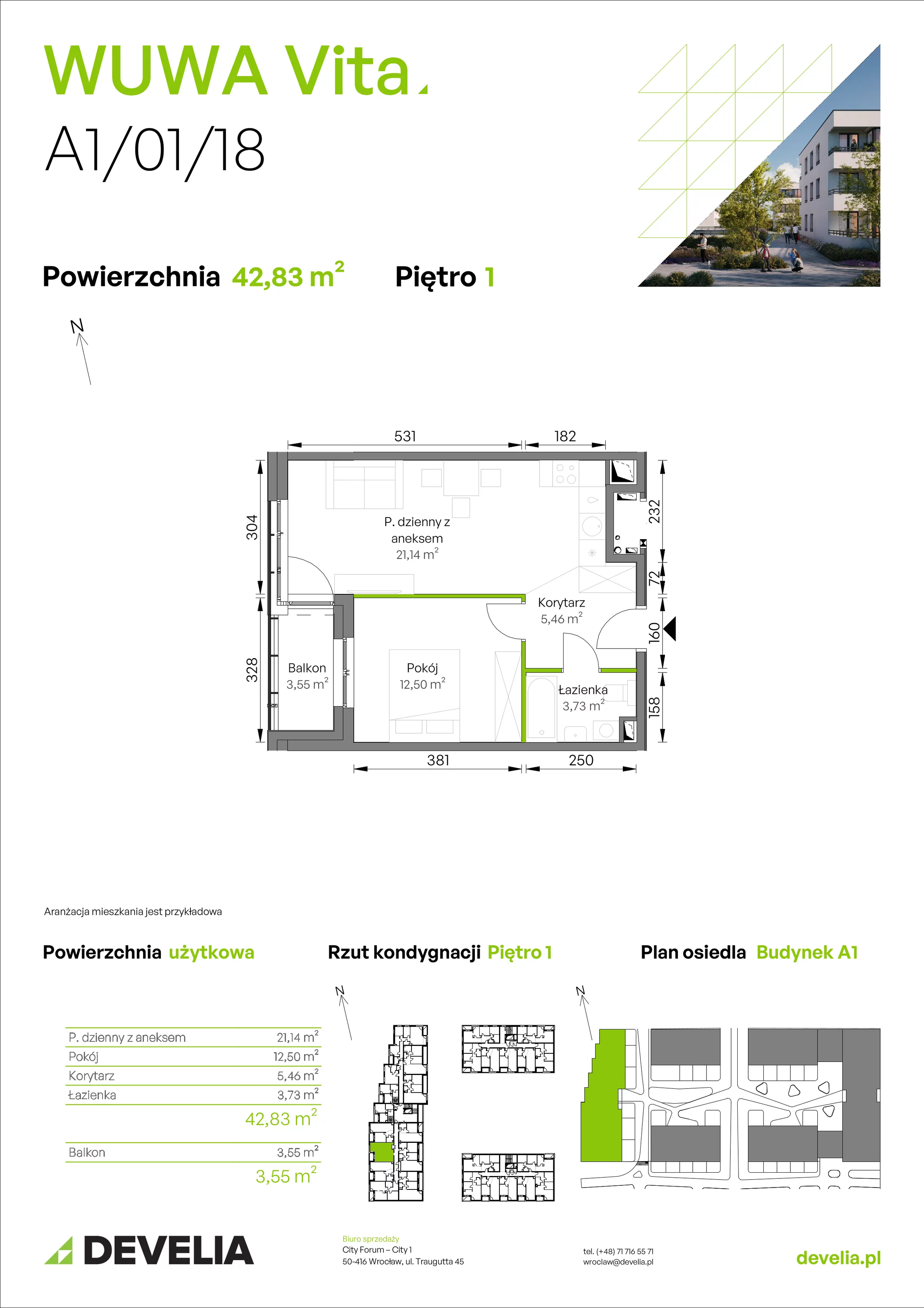 2 pokoje, mieszkanie 42,83 m², piętro 1, oferta nr A1/01/18, WUWA Vita II, Wrocław, Żerniki, Fabryczna, ul. T. Brzozy