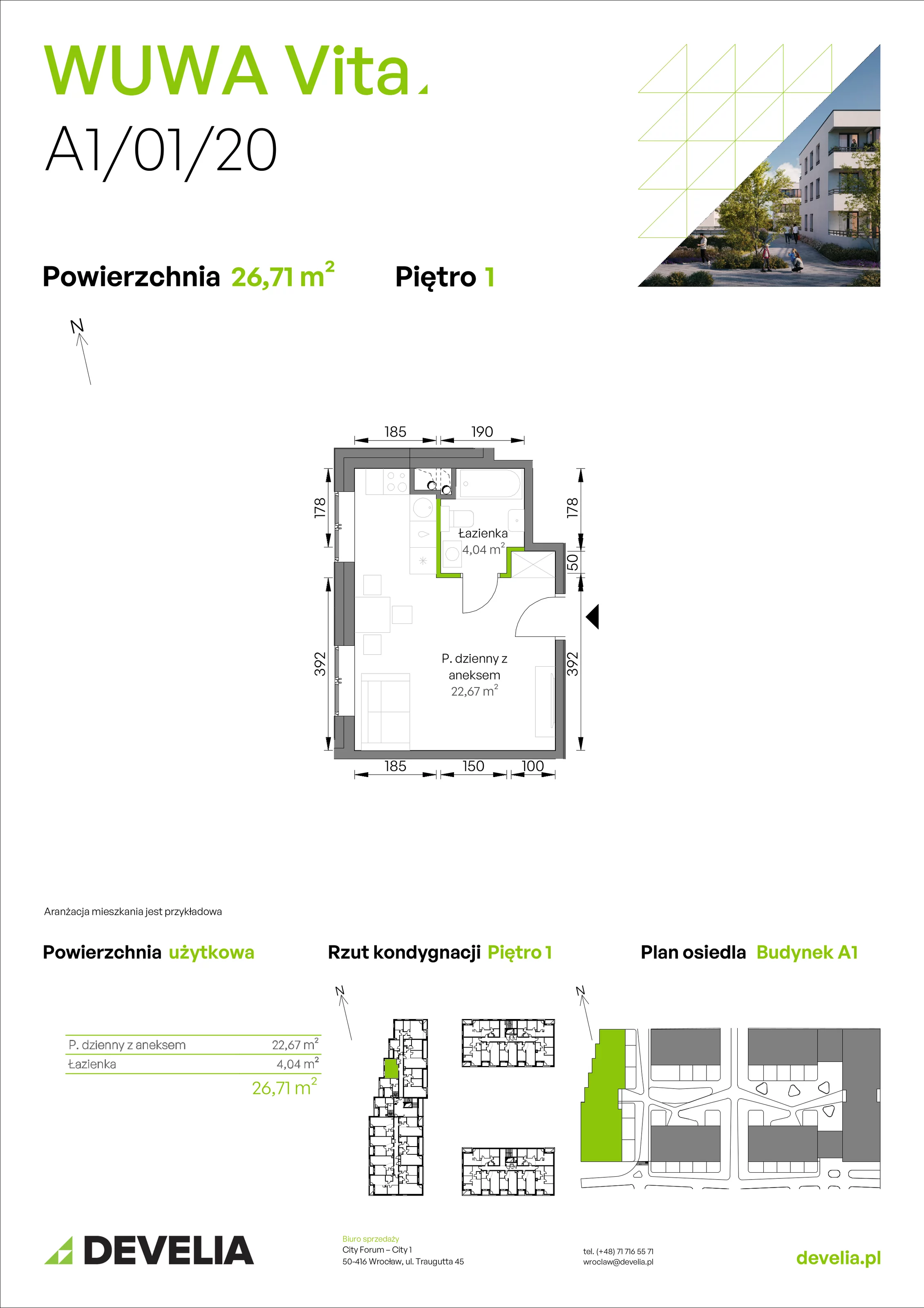 1 pokój, mieszkanie 26,71 m², piętro 1, oferta nr A1/01/20, WUWA Vita II, Wrocław, Żerniki, Fabryczna, ul. T. Brzozy